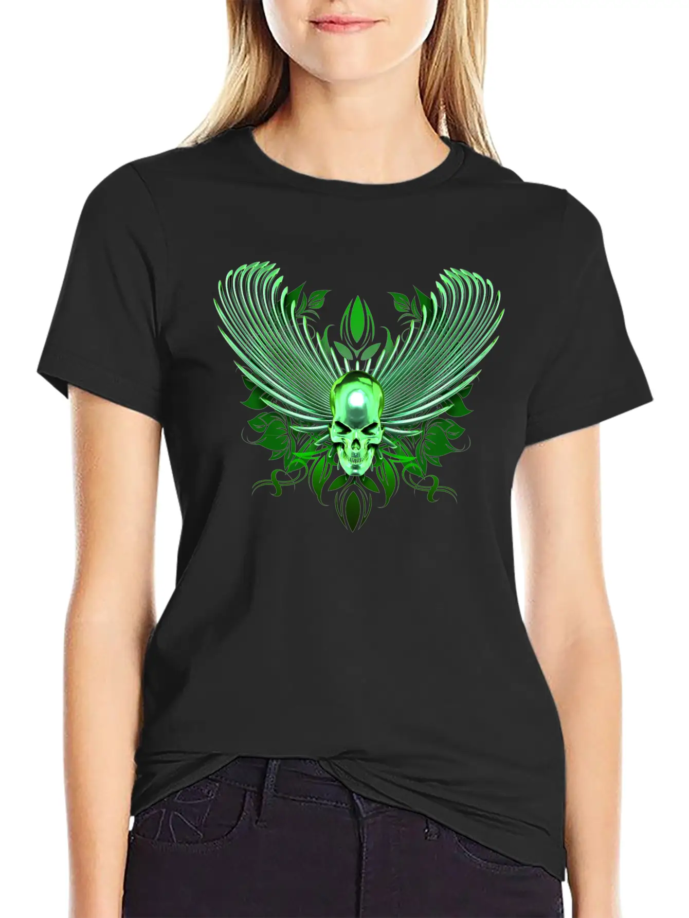 Green Winged Chrome Skull Timeless Short Sleeve Tee – Comfy And Minimalist Design