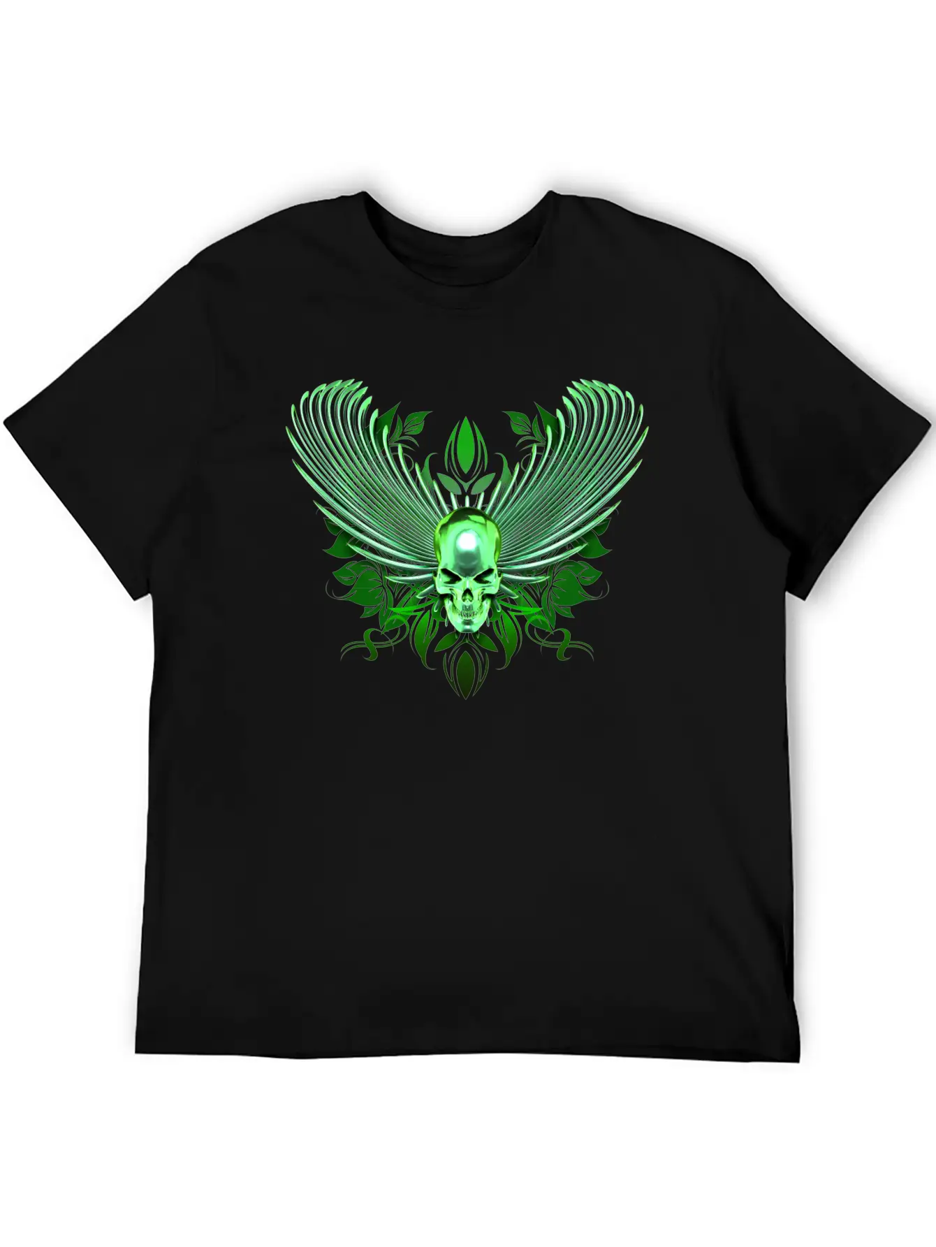 Green Winged Chrome Skull Timeless Short Sleeve Tee – Comfy And Minimalist Design