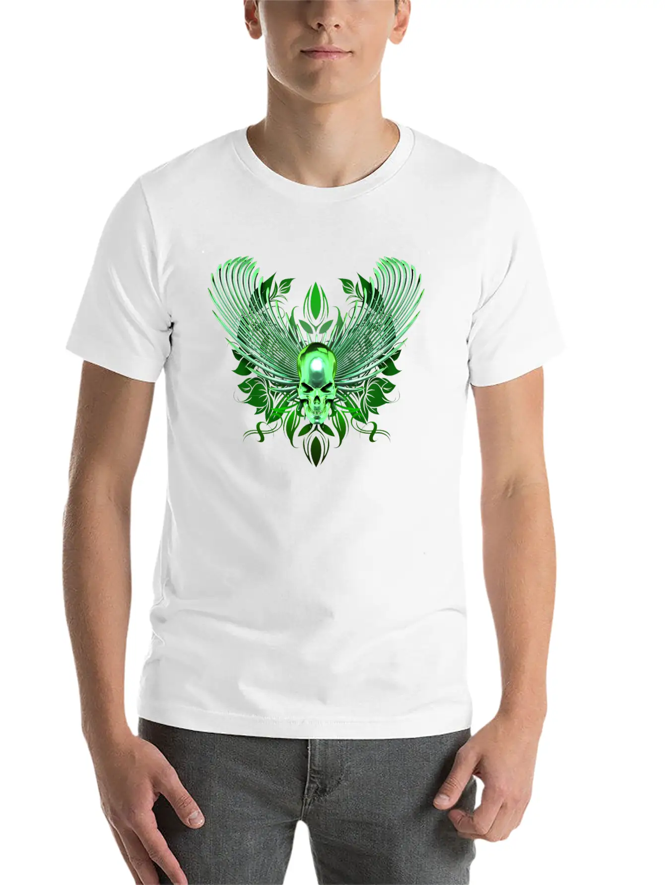 Green Winged Chrome Skull Timeless Short Sleeve Tee – Comfy And Minimalist Design