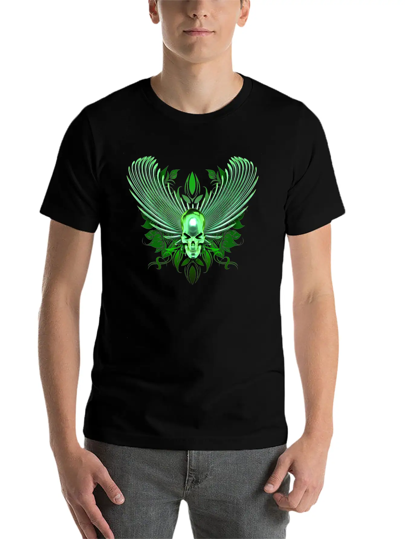 Green Winged Chrome Skull Timeless Short Sleeve Tee – Comfy And Minimalist Design