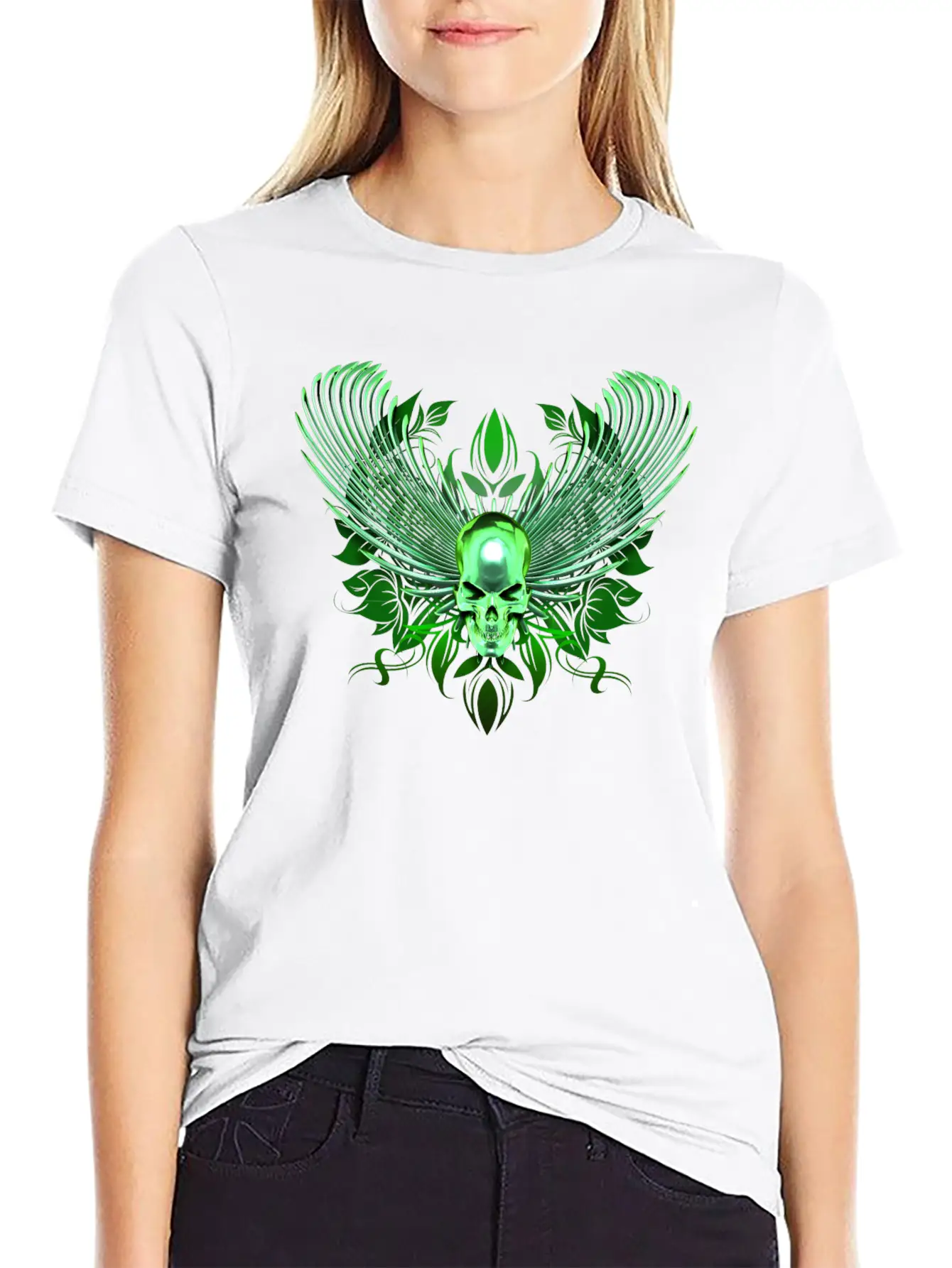 Green Winged Chrome Skull Timeless Short Sleeve Tee – Comfy And Minimalist Design