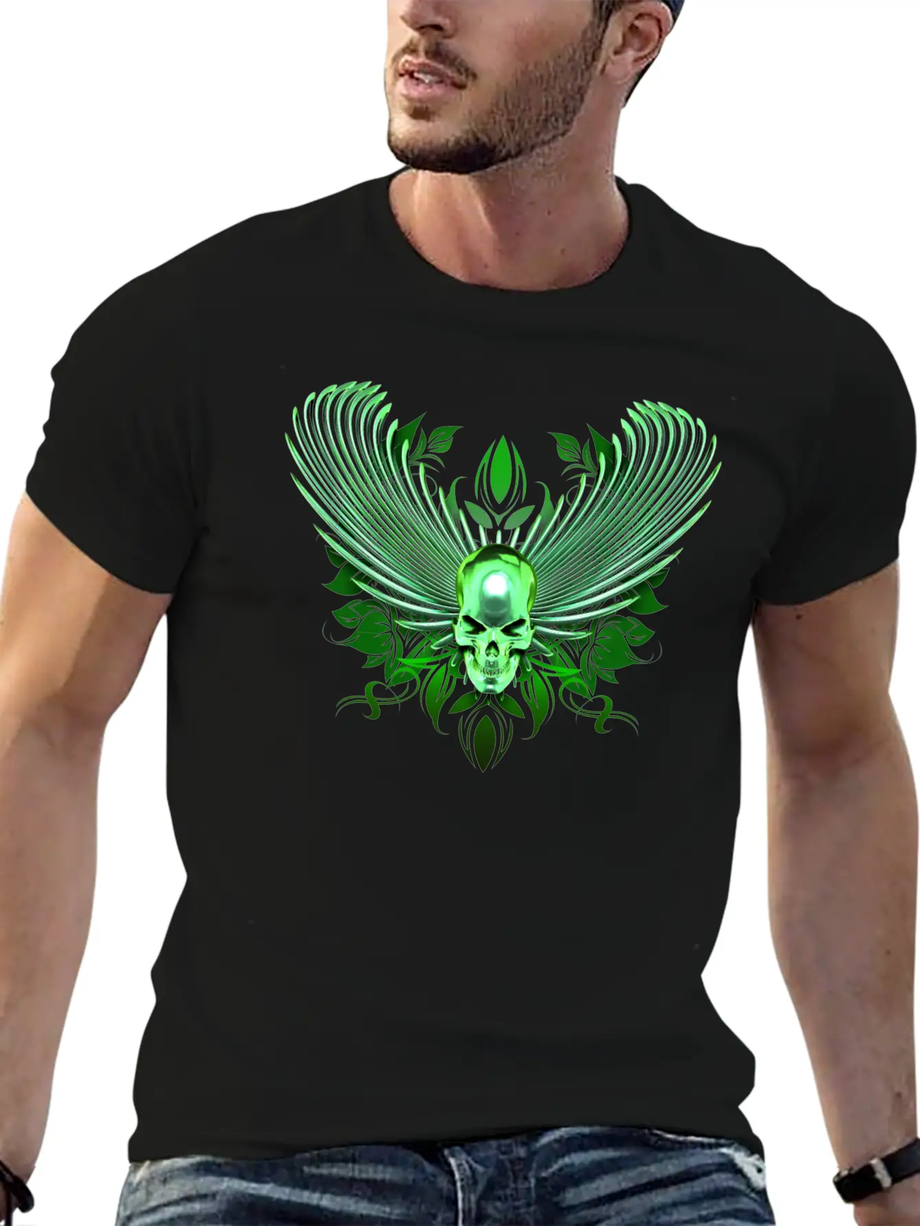 Green Winged Chrome Skull Timeless Short Sleeve Tee – Comfy And Minimalist Design
