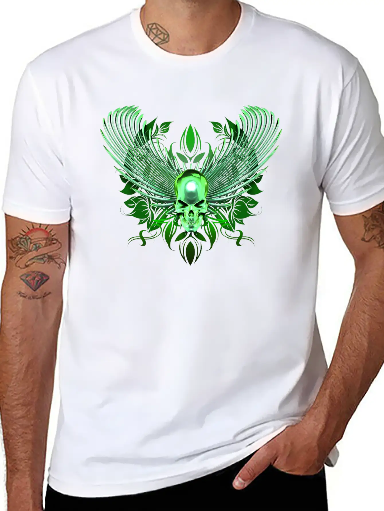 Green Winged Chrome Skull Timeless Short Sleeve Tee – Comfy And Minimalist Design