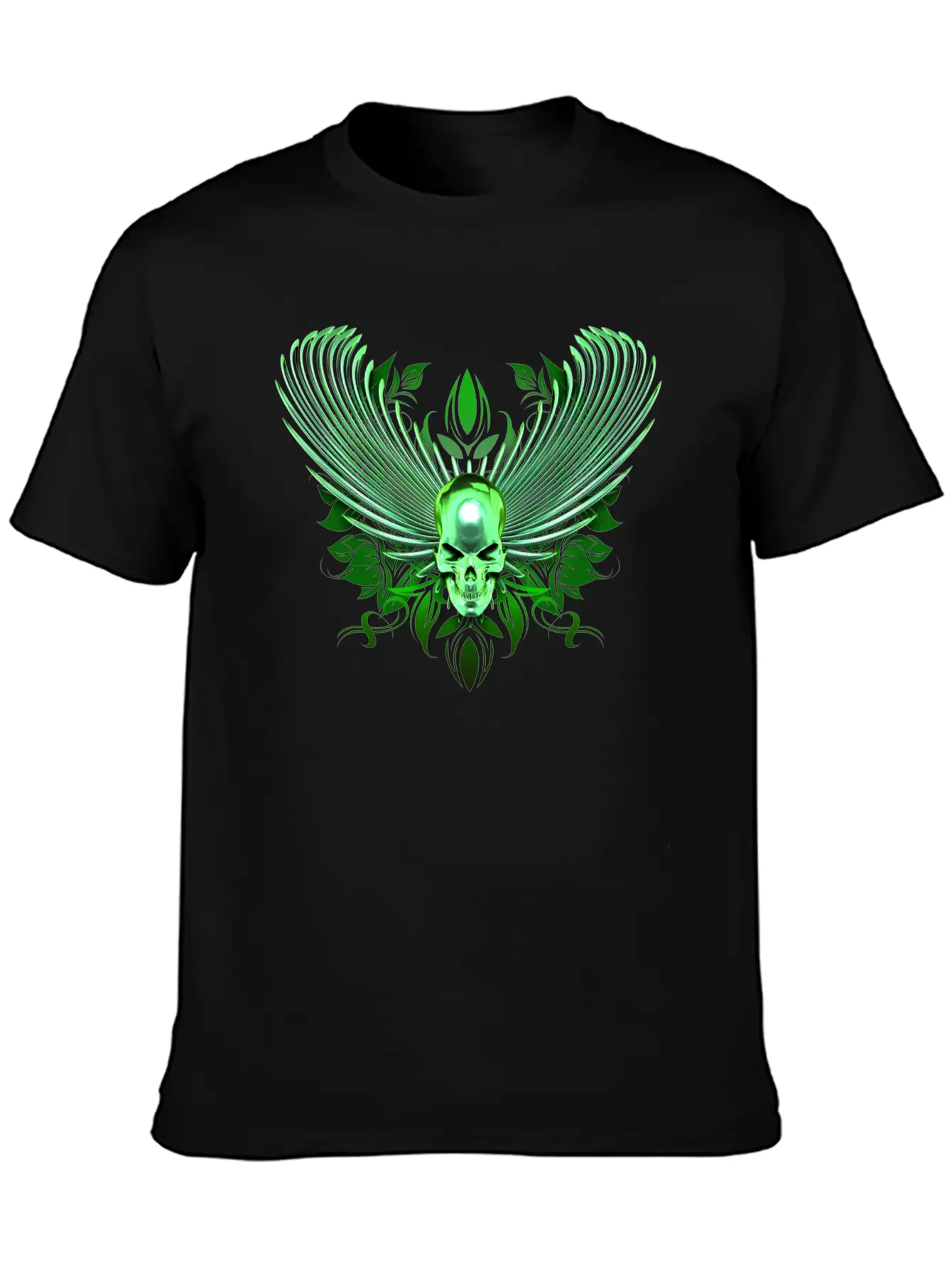 Green Winged Chrome Skull Timeless Short Sleeve Tee – Comfy And Minimalist Design