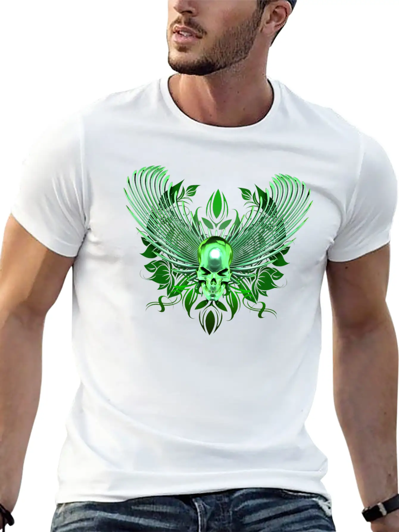 Green Winged Chrome Skull Timeless Short Sleeve Tee – Comfy And Minimalist Design
