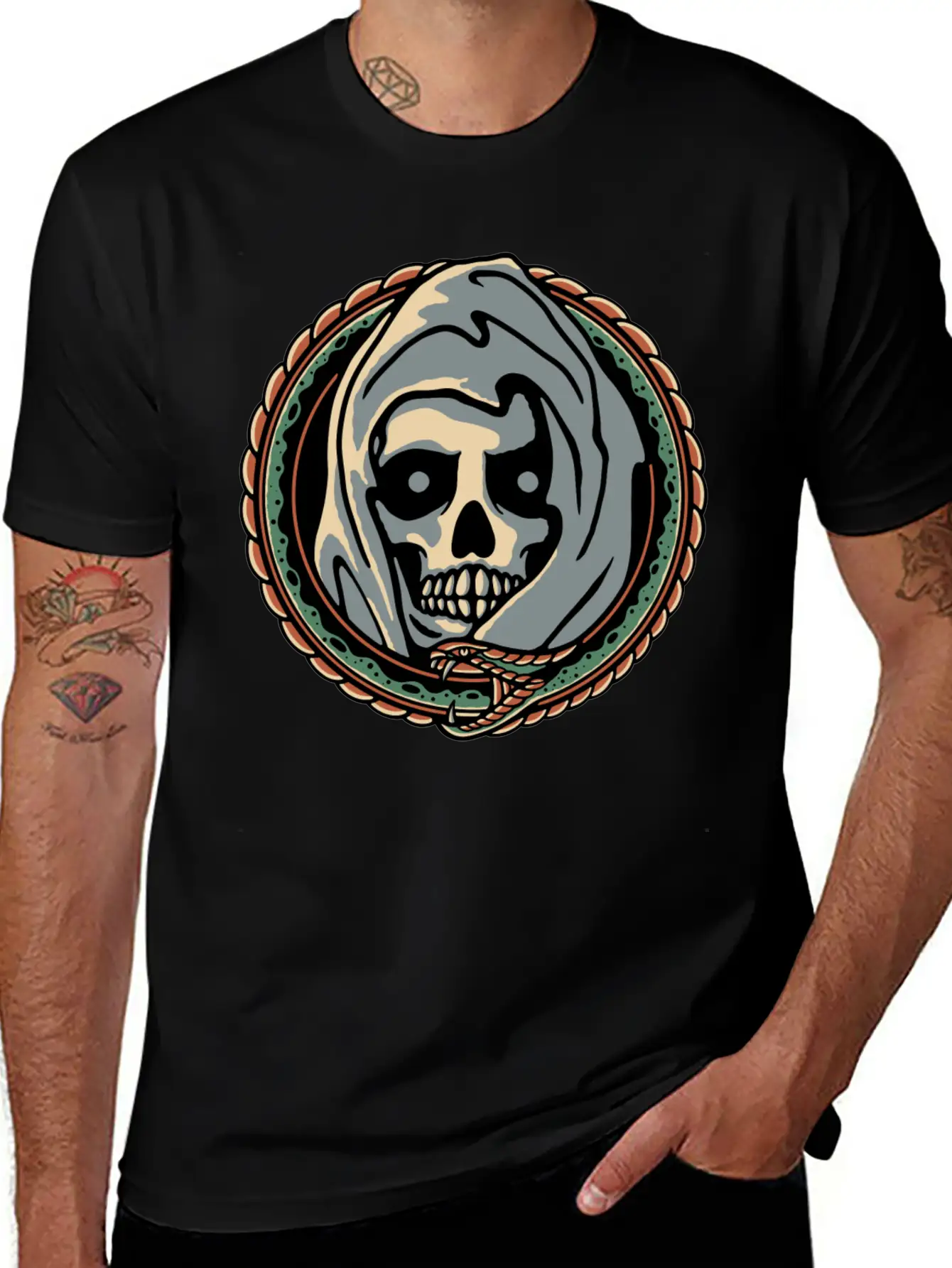 Grim Reaper And Snake Comfortable Minimalist Graphic Tee – Summer Style Essential