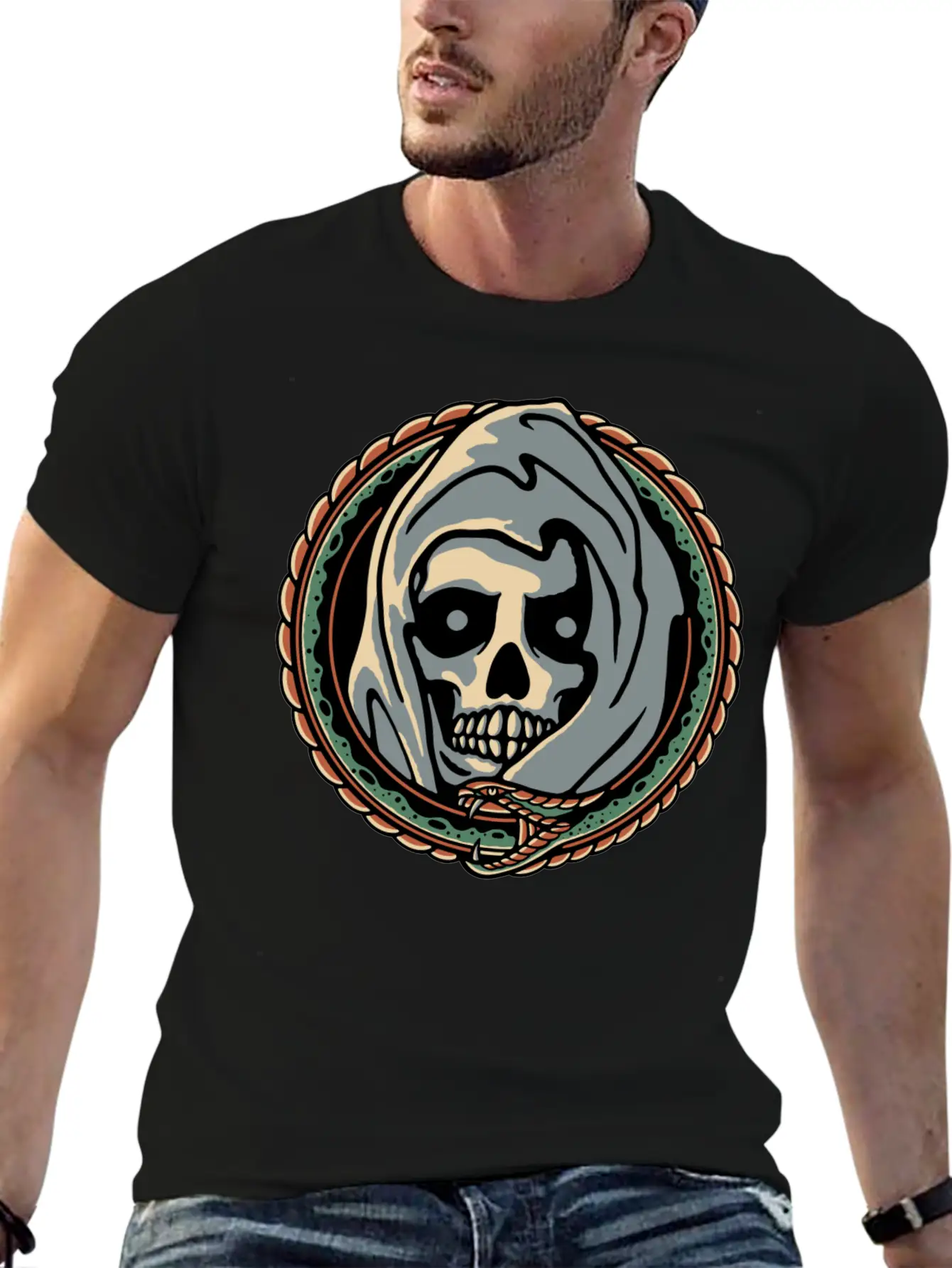 Grim Reaper And Snake Comfortable Minimalist Graphic Tee – Summer Style Essential