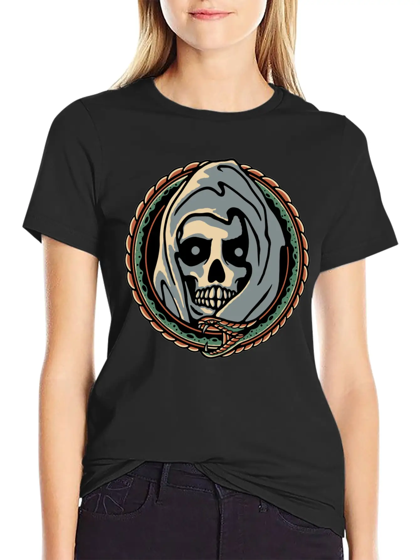 Grim Reaper And Snake Comfortable Minimalist Graphic Tee – Summer Style Essential