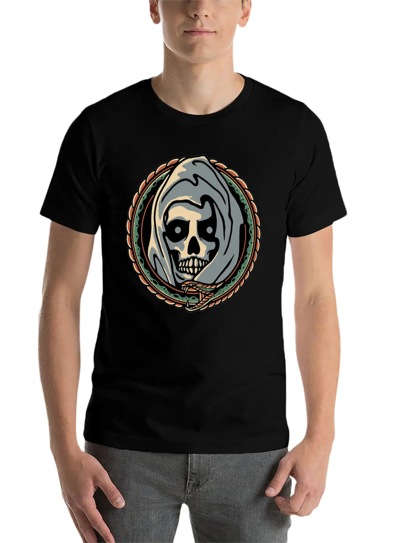 Grim Reaper And Snake Comfortable Minimalist Graphic Tee – Summer Style Essential