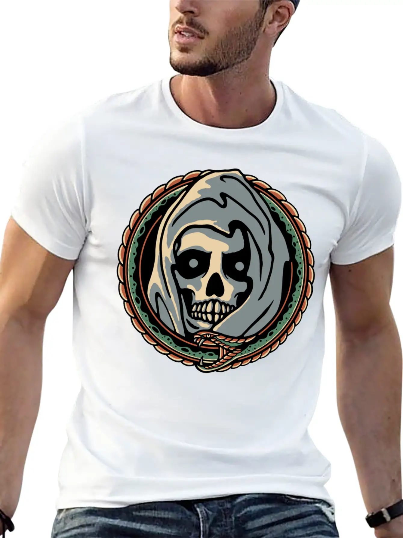 Grim Reaper And Snake Comfortable Minimalist Graphic Tee – Summer Style Essential
