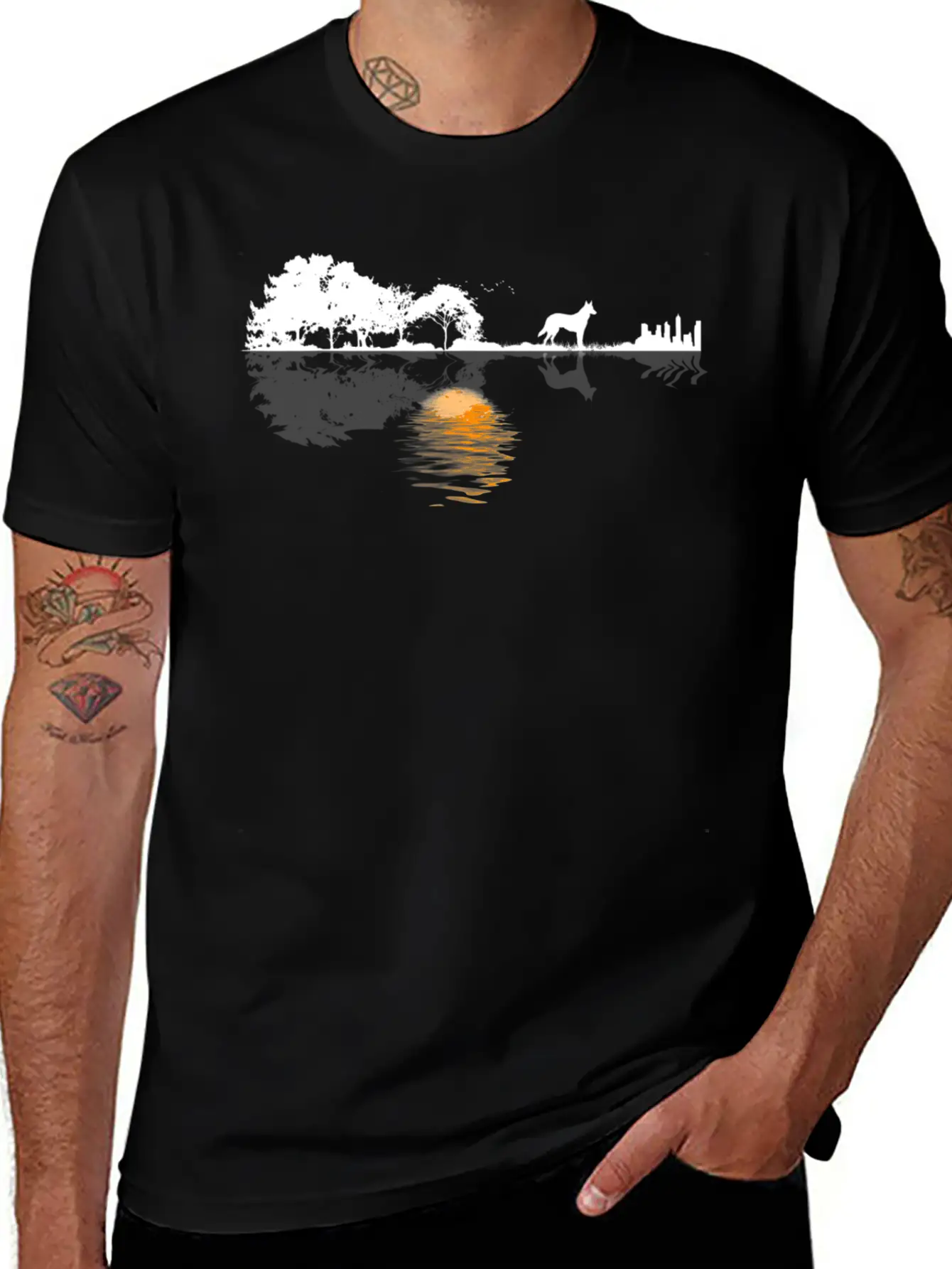 Guitar Lake Shadow Lover Gift German Shepherd Dog Stylish Everyday T-Shirt – Unisex Basic Cotton Tee