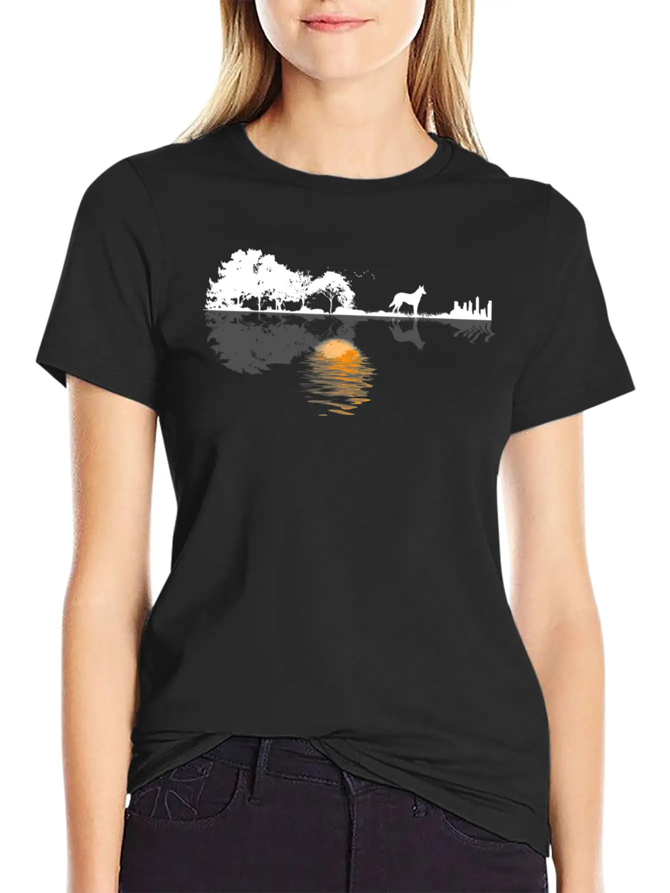 Guitar Lake Shadow Lover Gift German Shepherd Dog Stylish Everyday T-Shirt – Unisex Basic Cotton Tee