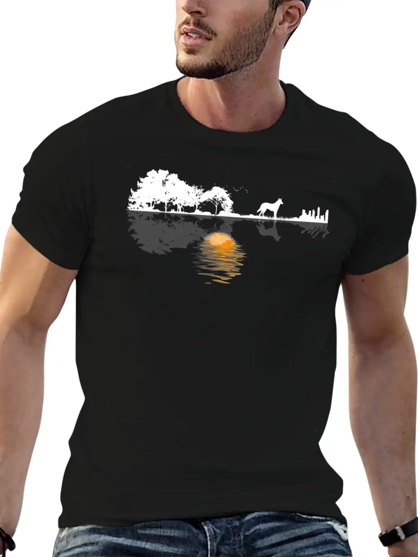 Guitar Lake Shadow Lover Gift German Shepherd Dog Stylish Everyday T-Shirt – Unisex Basic Cotton Tee