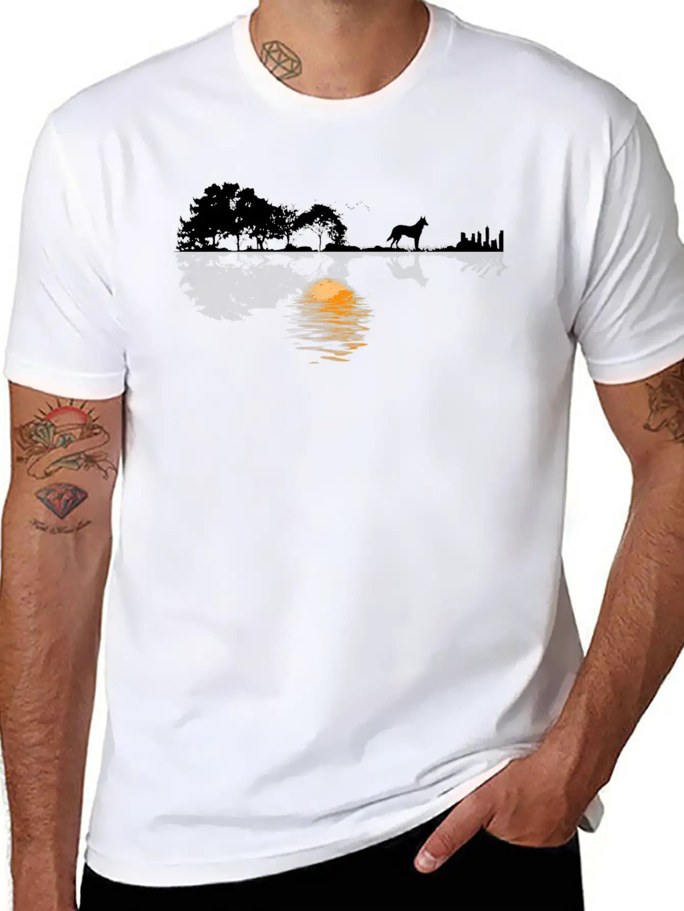 Guitar Lake Shadow Lover Gift German Shepherd Dog Stylish Everyday T-Shirt – Unisex Basic Cotton Tee