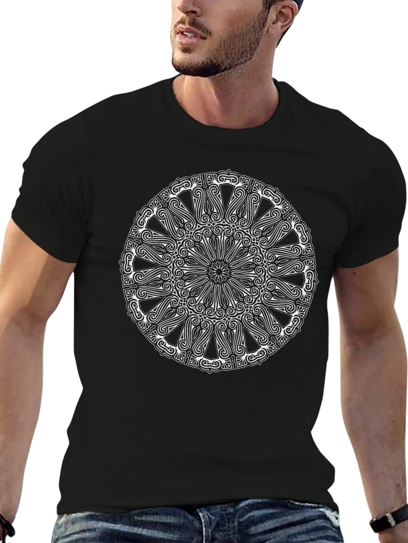 Geometric Mandala Graphic Print Black T-Shirt
