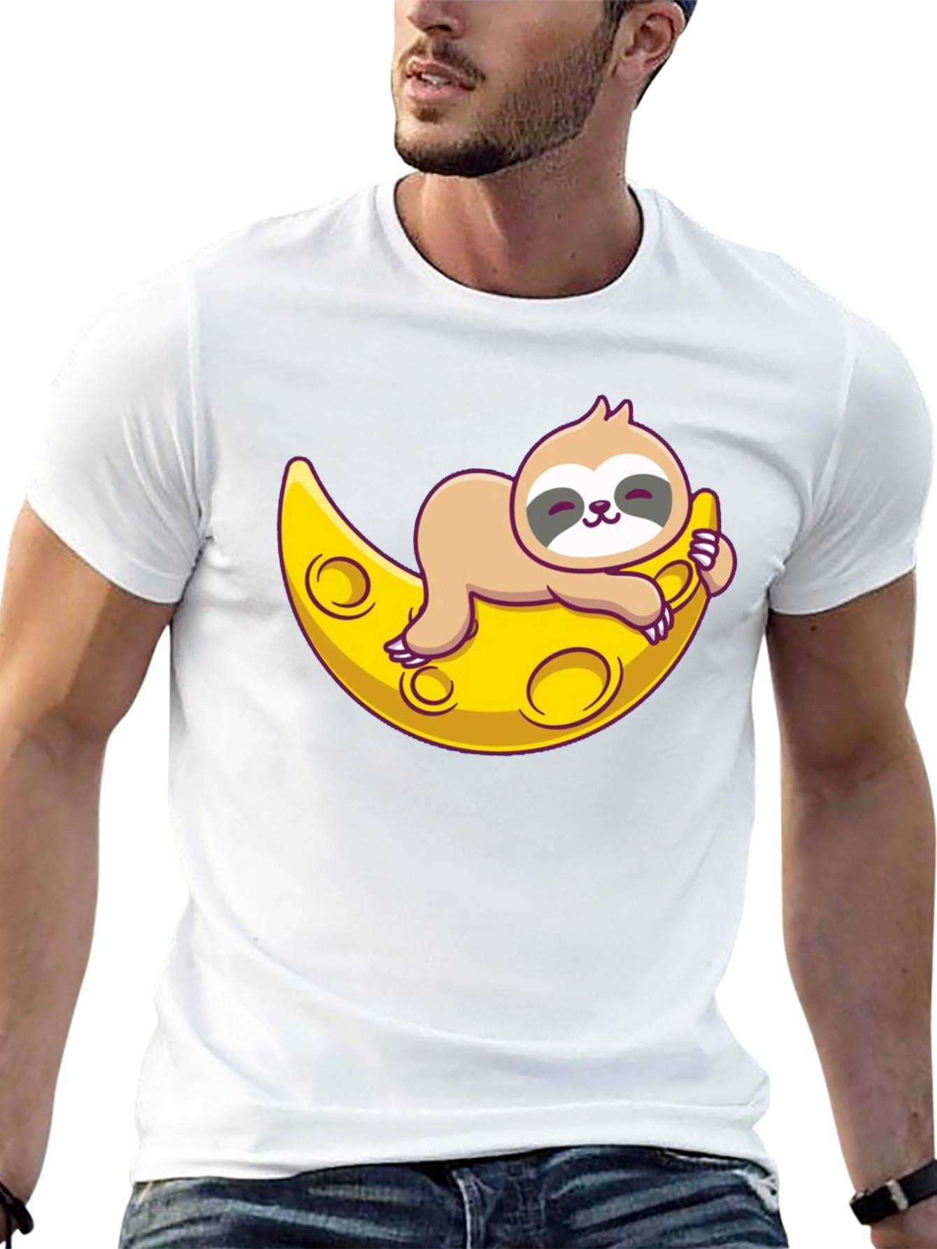 Cute Sloth Moon Graphic Tee - Relaxed Fit T-Shirt