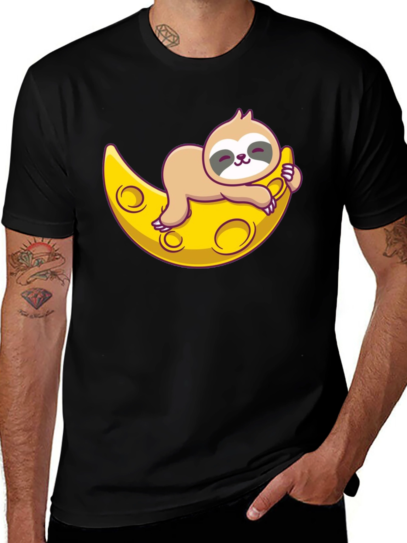 Cute Sloth Moon Graphic Tee - Relaxed Fit T-Shirt