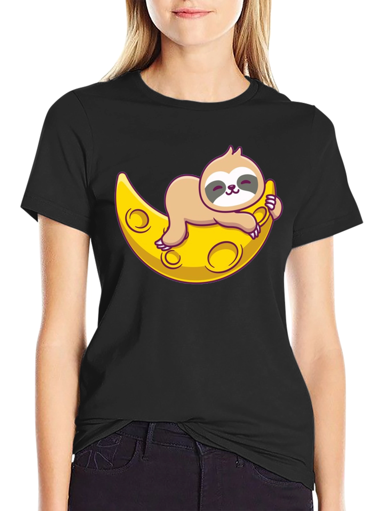 Cute Sloth Moon Graphic Tee - Relaxed Fit T-Shirt