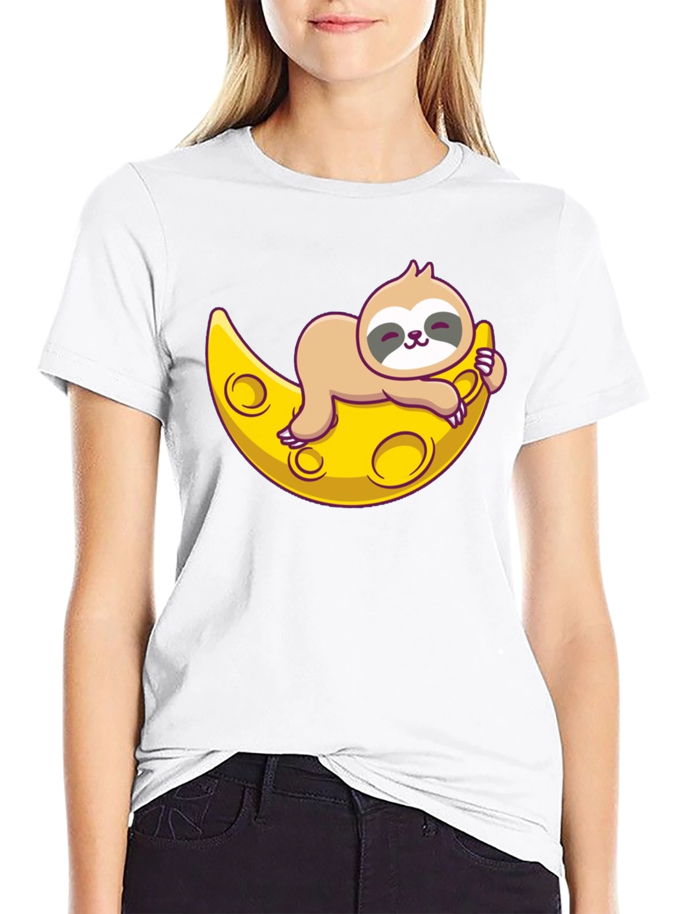 Cute Sloth Moon Graphic Tee - Relaxed Fit T-Shirt