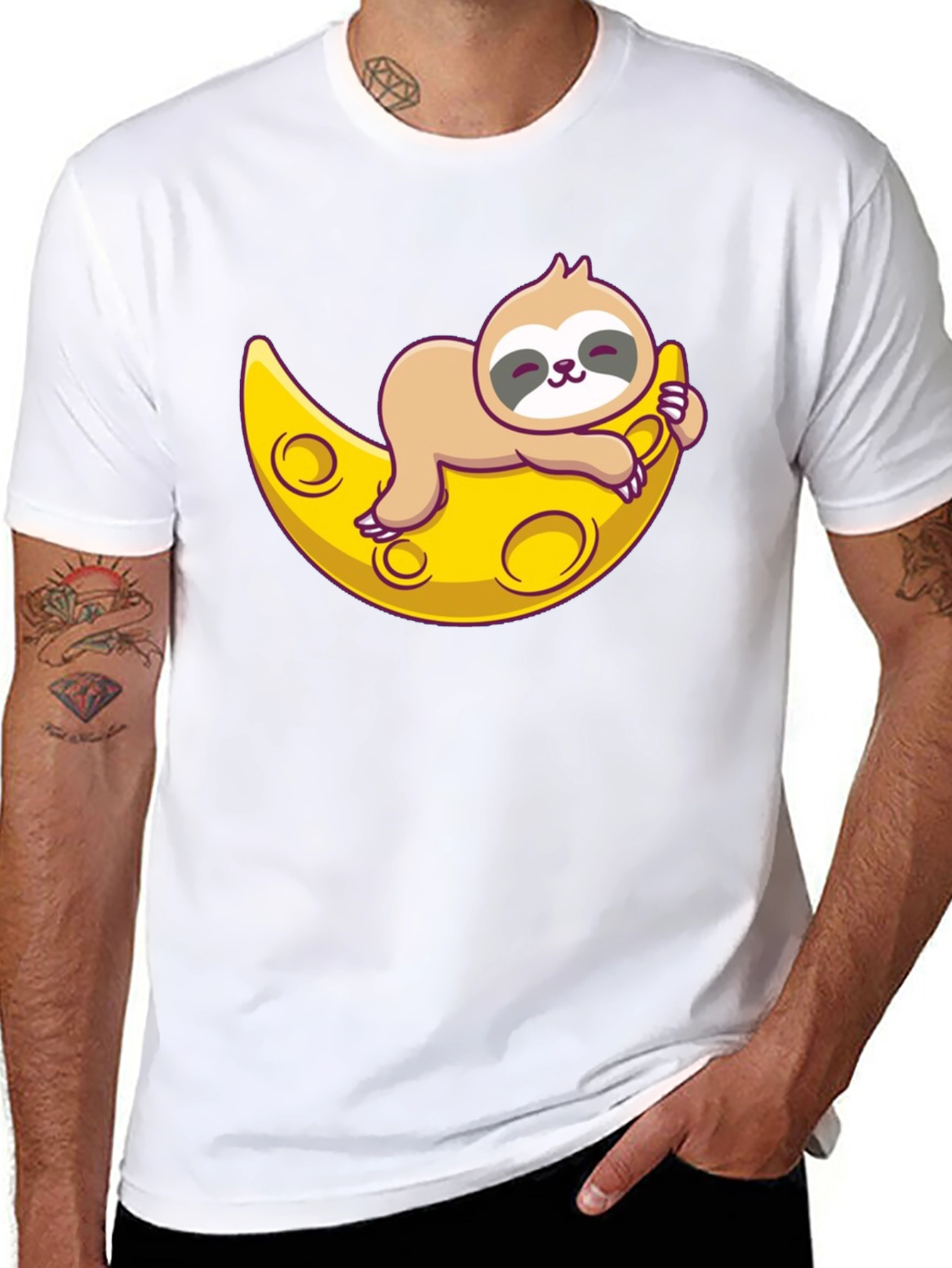 Cute Sloth Moon Graphic Tee - Relaxed Fit T-Shirt