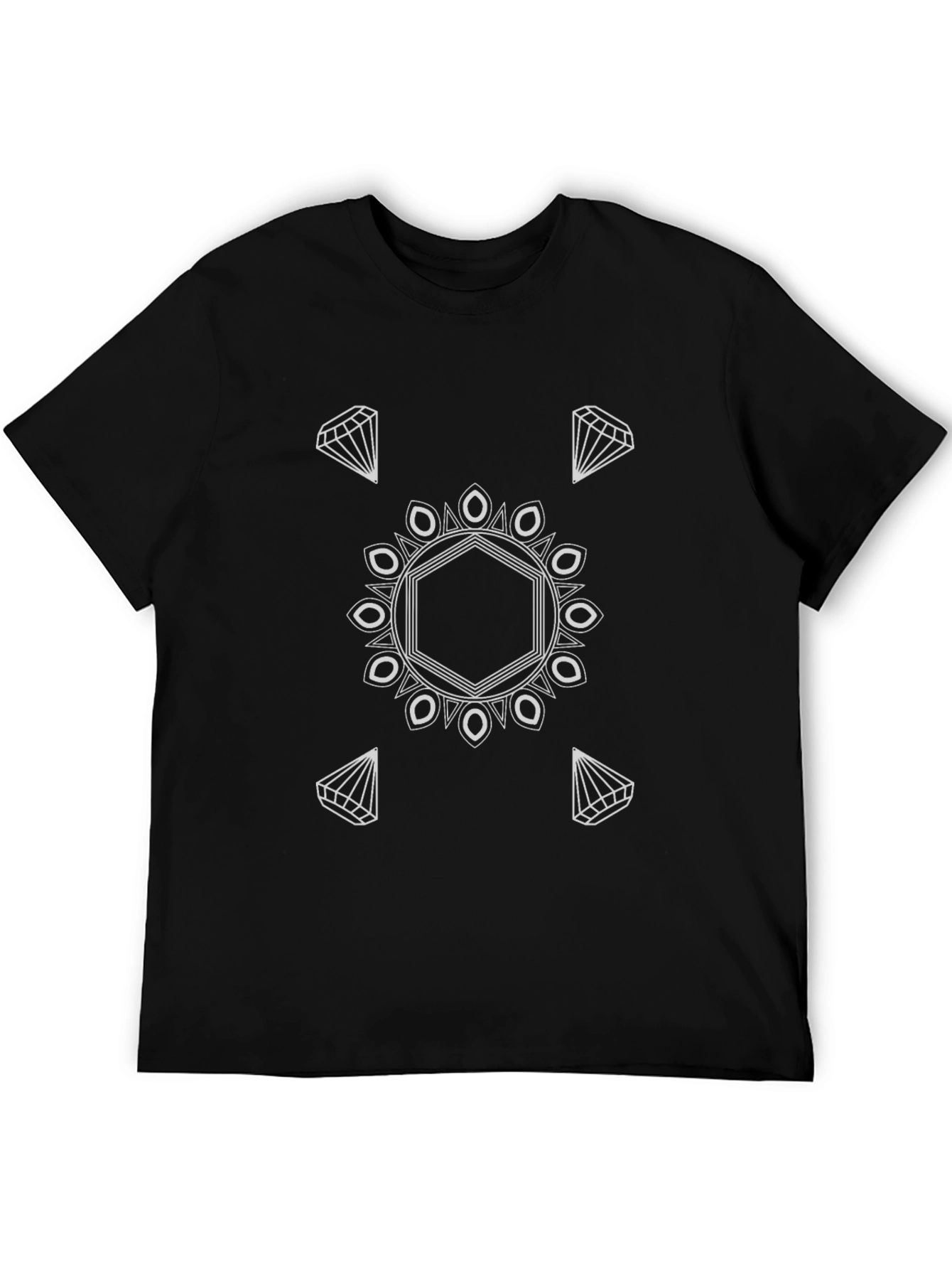 Geometric Diamond Mandala Graphic Black T-Shirt