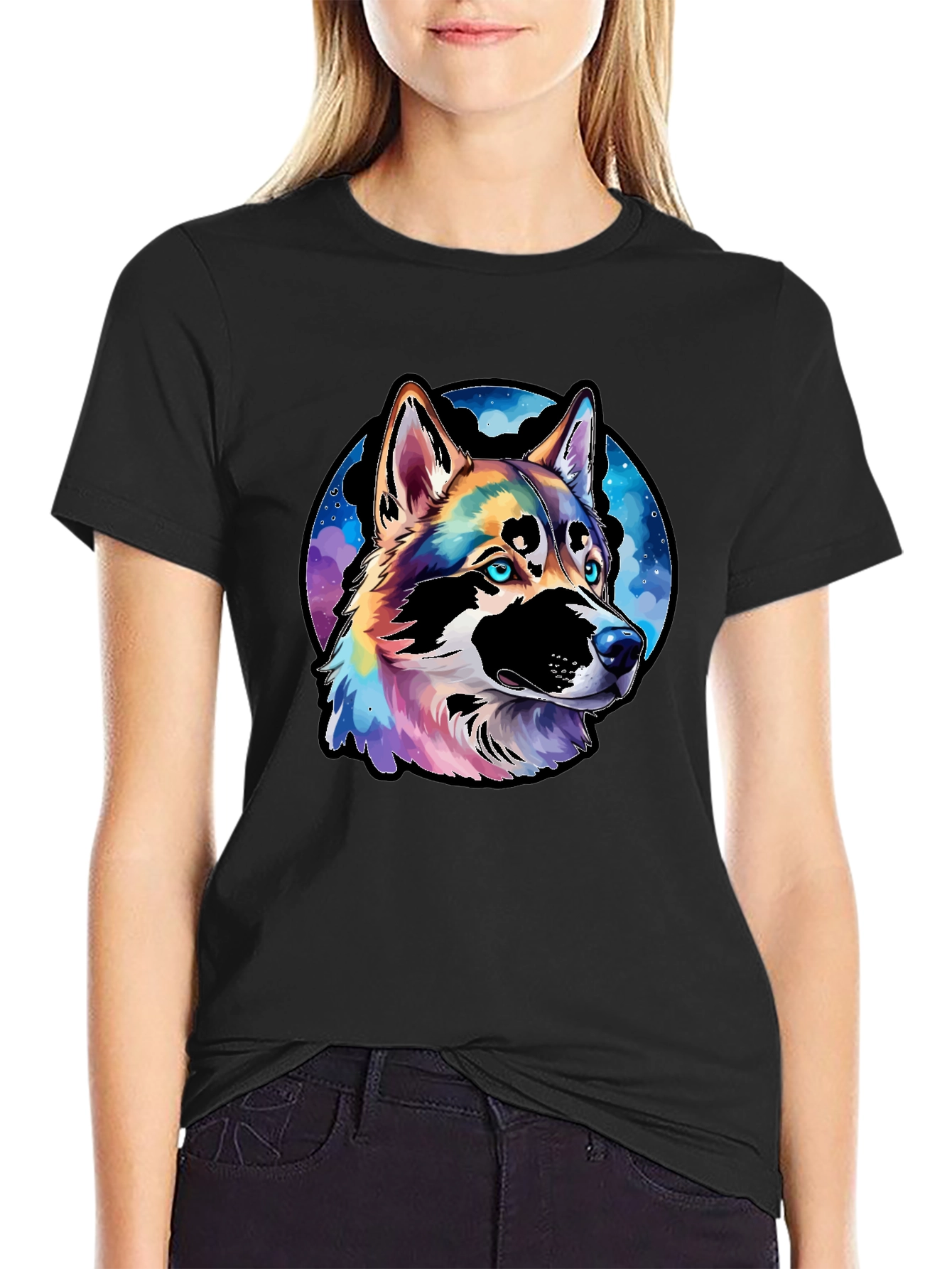 Vibrant Husky Dog Graphic Black T-Shirt