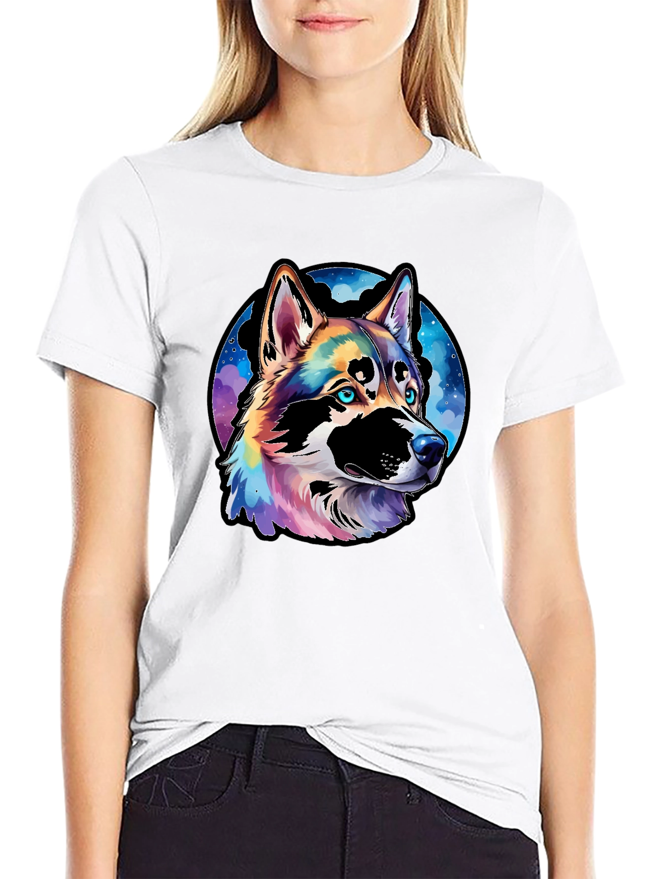 Vibrant Husky Dog Graphic Black T-Shirt