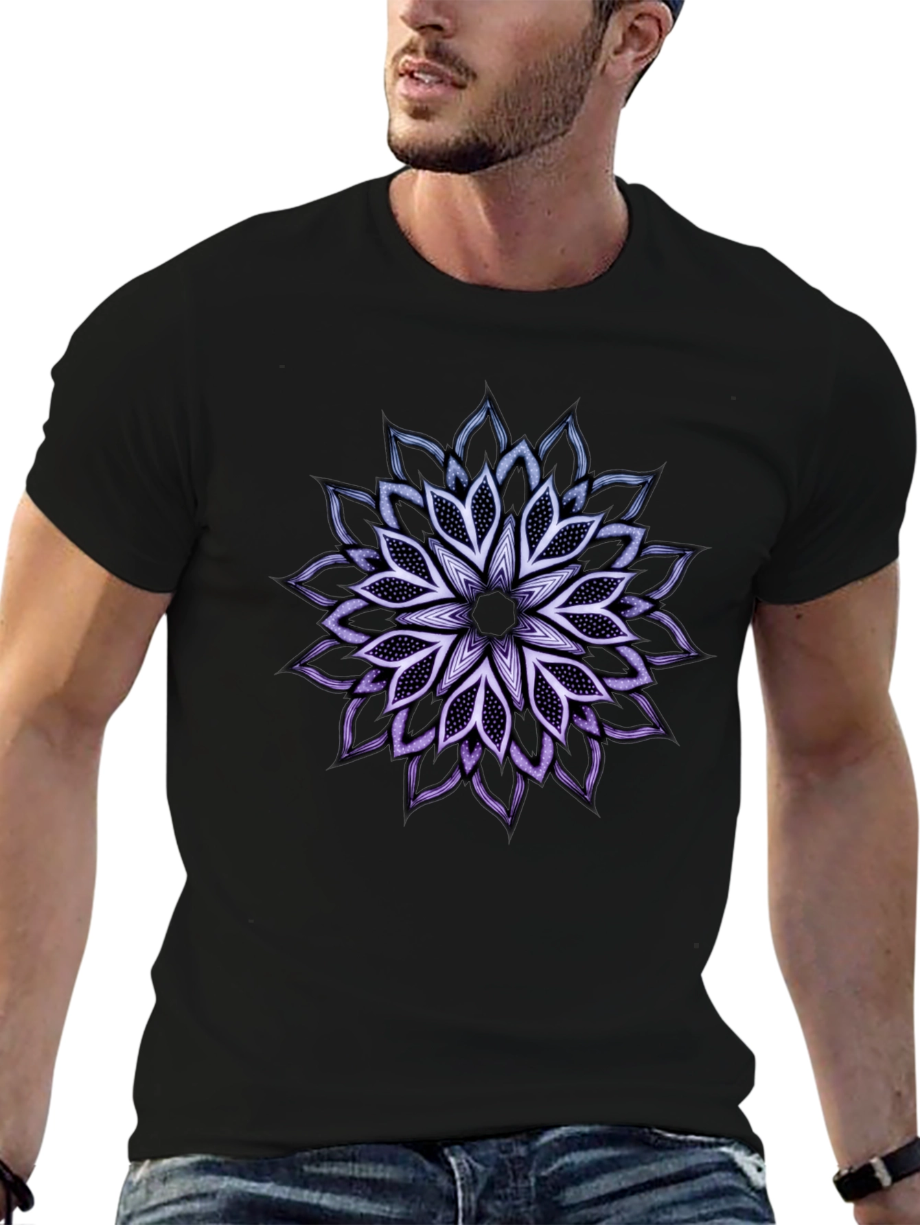 Black T-Shirt with Mandala Flower Design