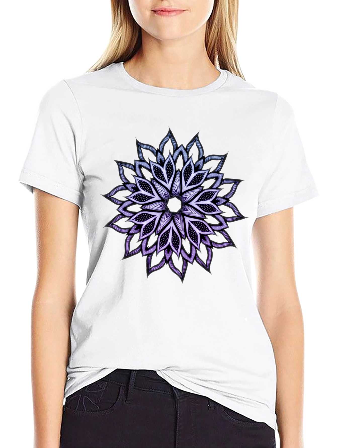 Black T-Shirt with Mandala Flower Design