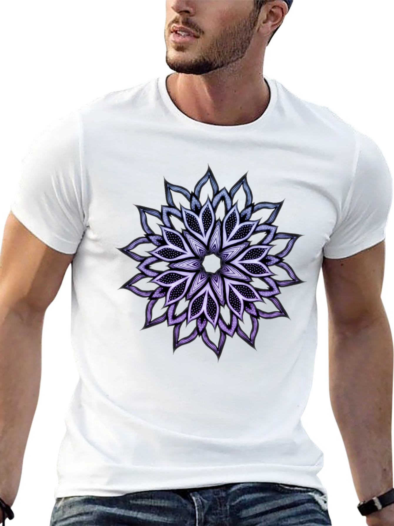 Black T-Shirt with Mandala Flower Design