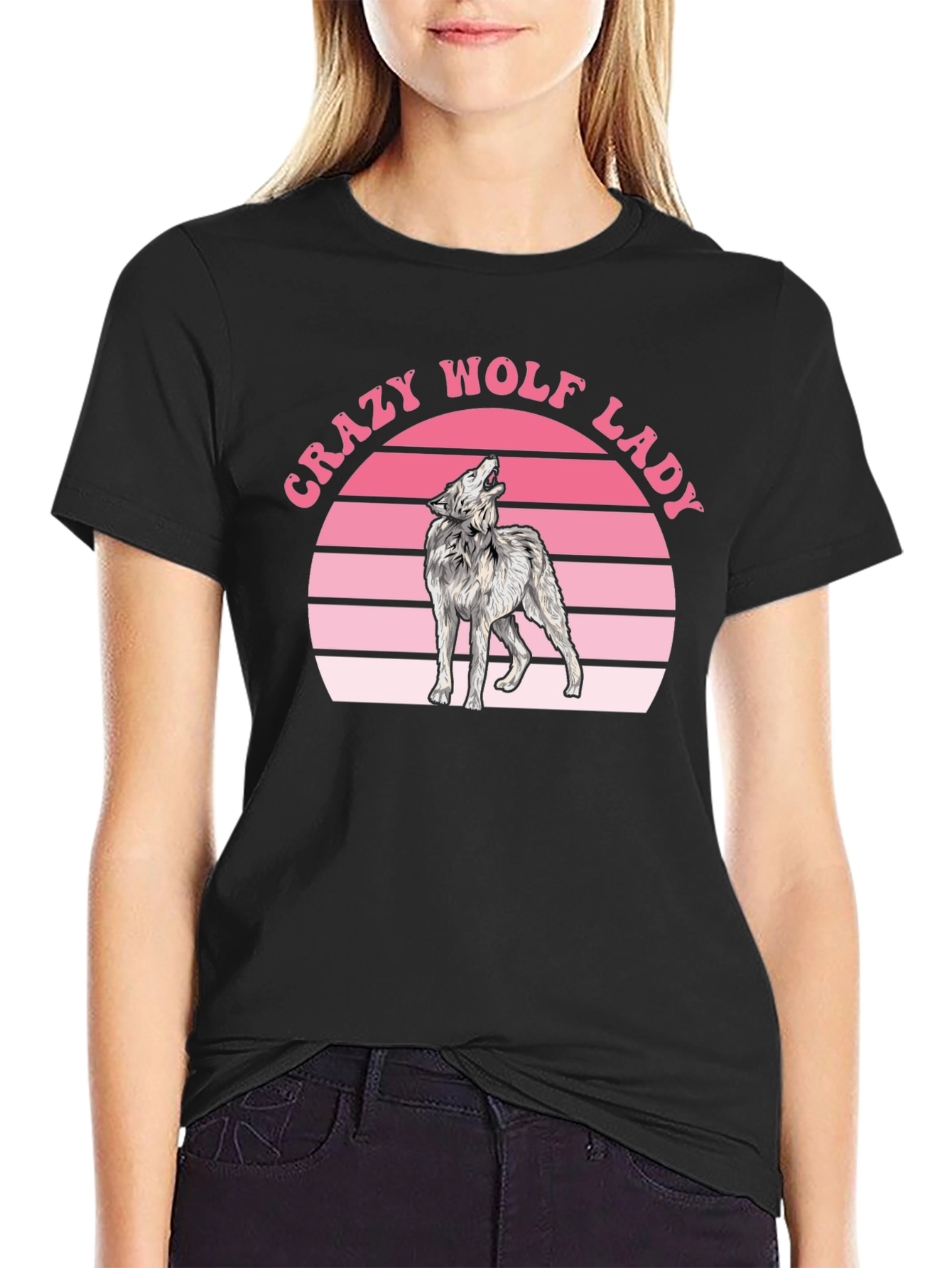 Crazy Wolf Lady Graphic T-Shirt - Black