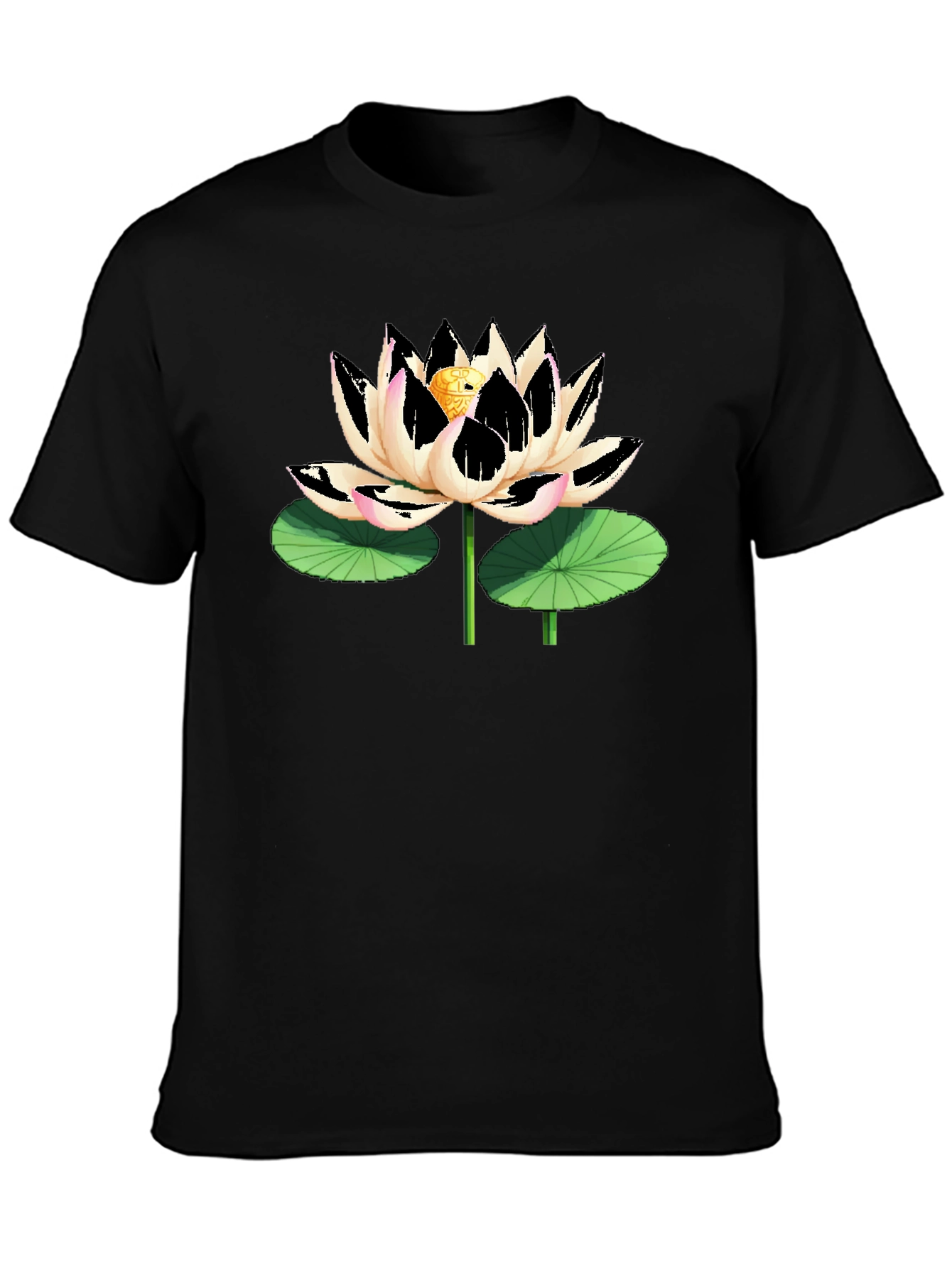 Black T-Shirt with Artistic Lotus Flower Graphic
