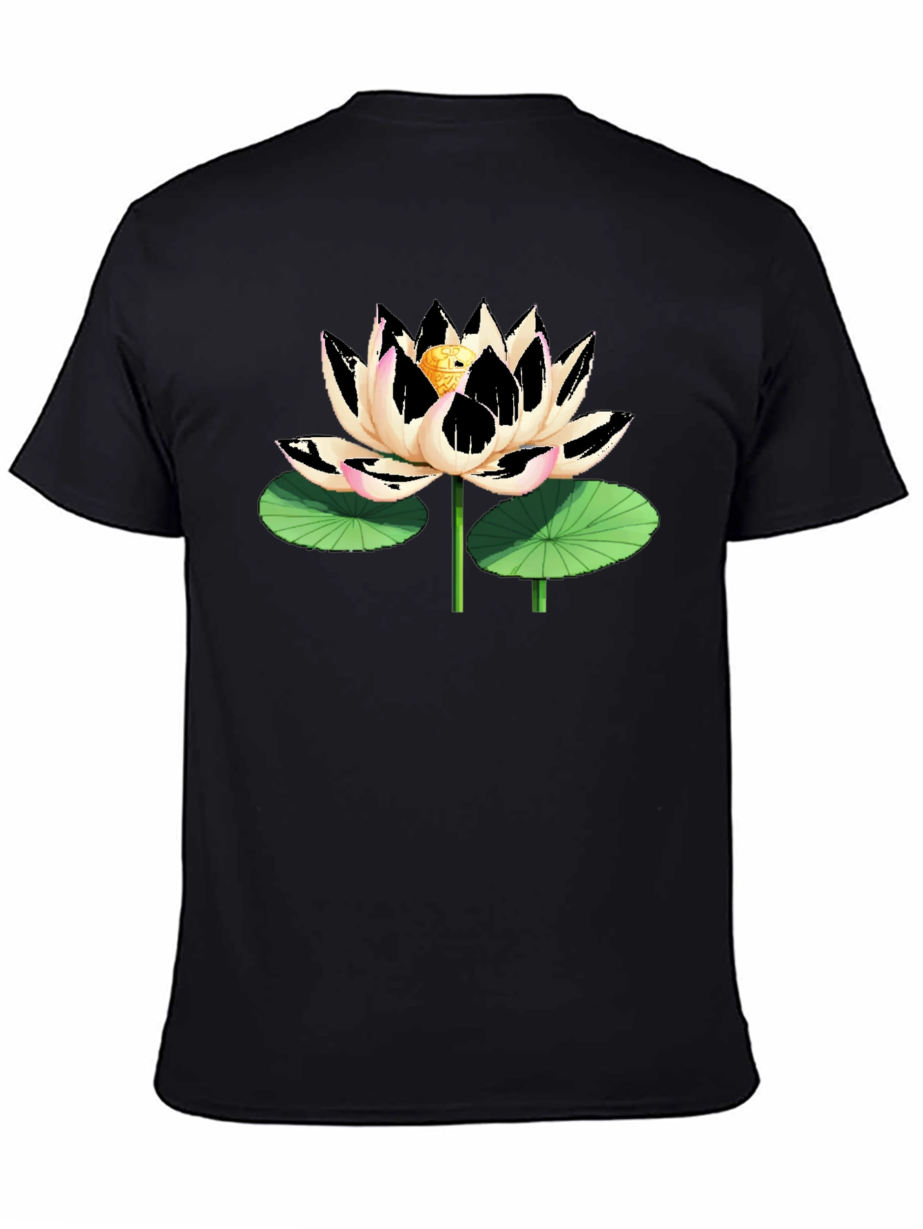 Black T-Shirt with Artistic Lotus Flower Graphic