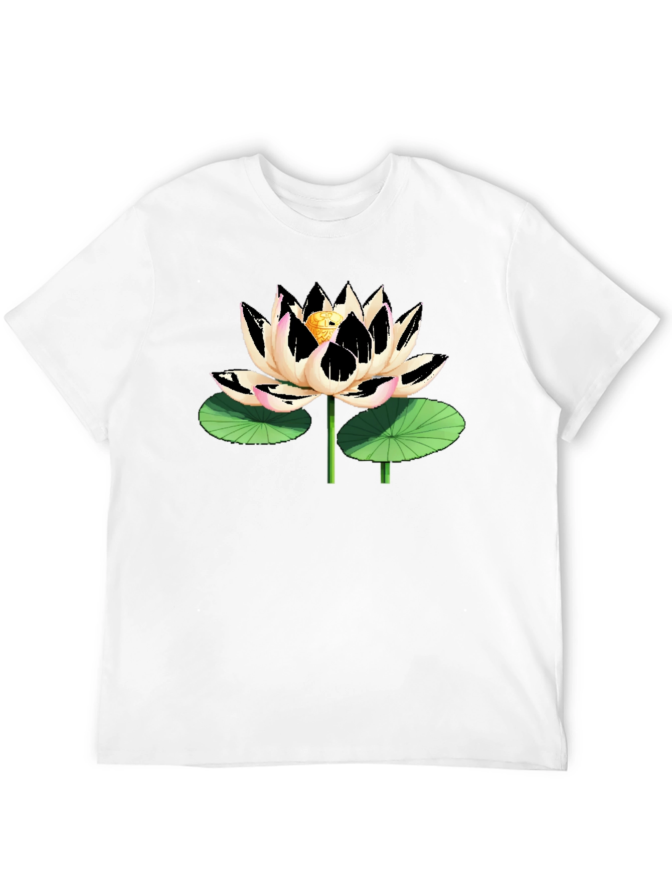 Black T-Shirt with Artistic Lotus Flower Graphic