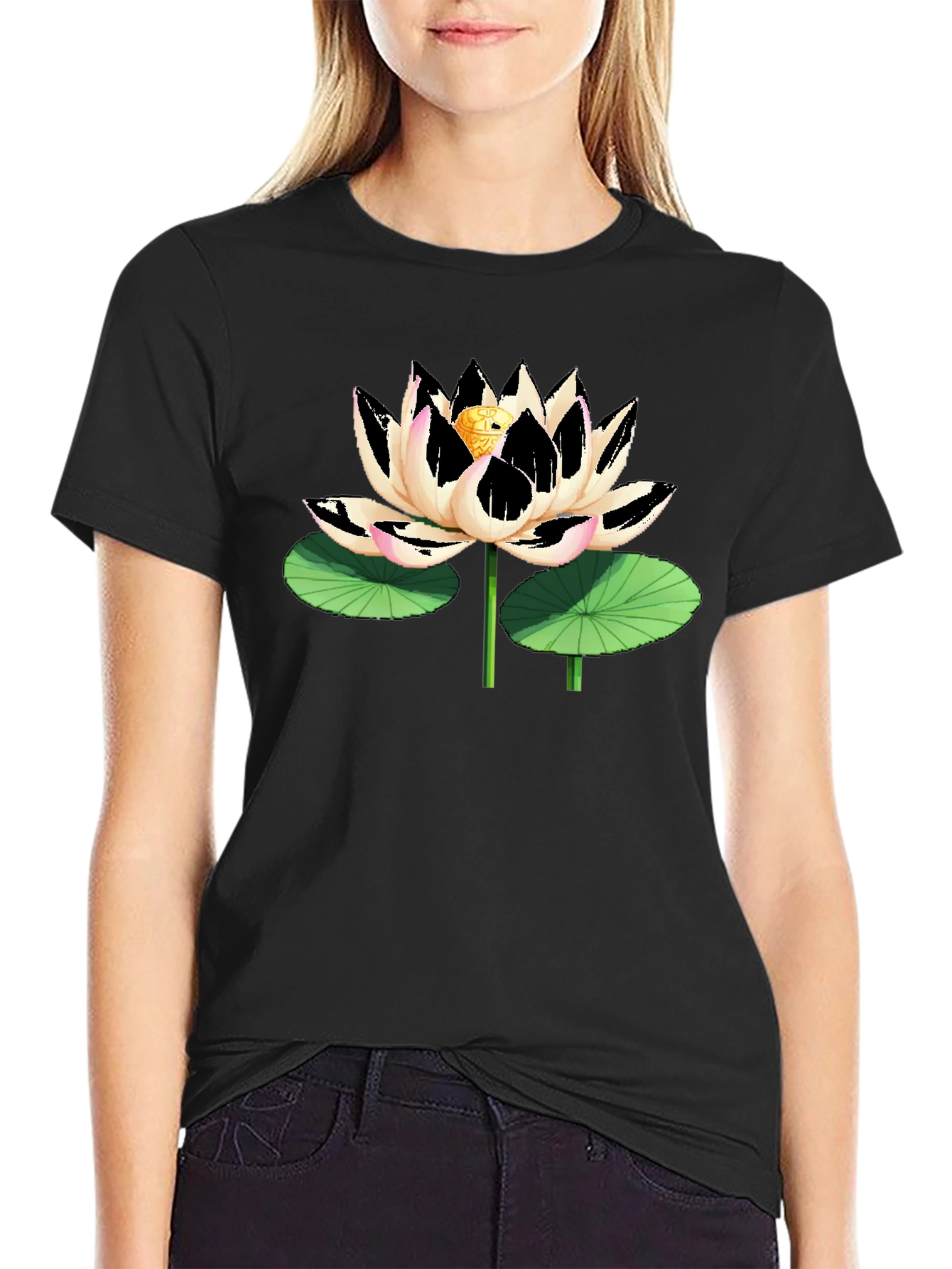 Black T-Shirt with Artistic Lotus Flower Graphic