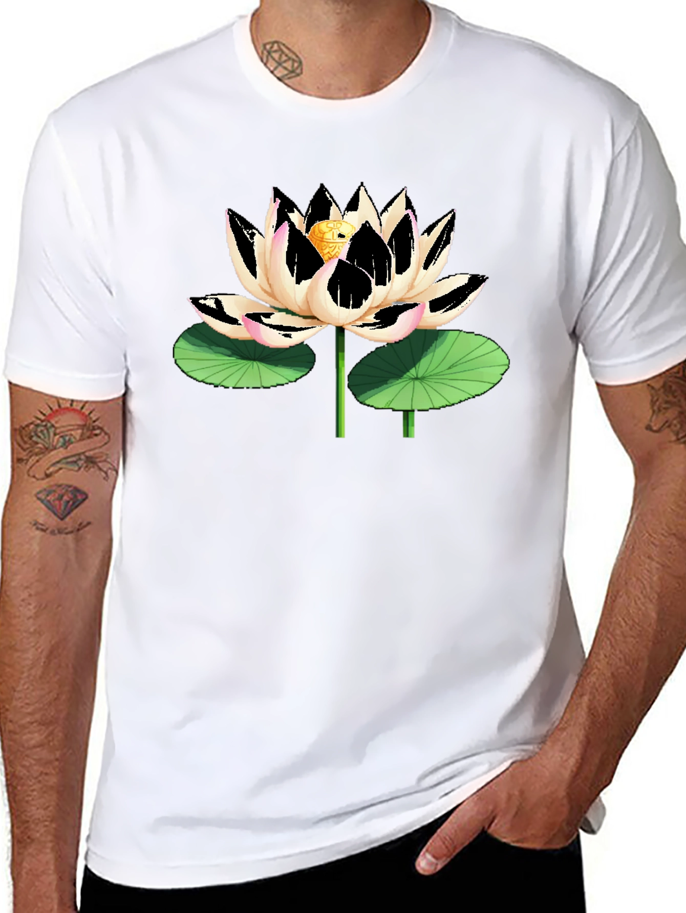 Black T-Shirt with Artistic Lotus Flower Graphic