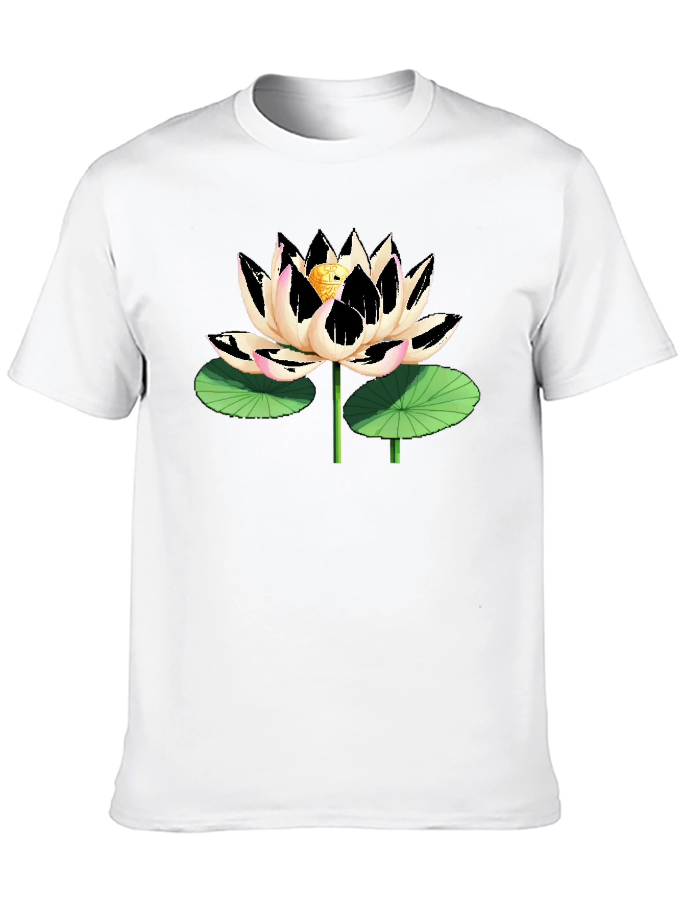Black T-Shirt with Artistic Lotus Flower Graphic