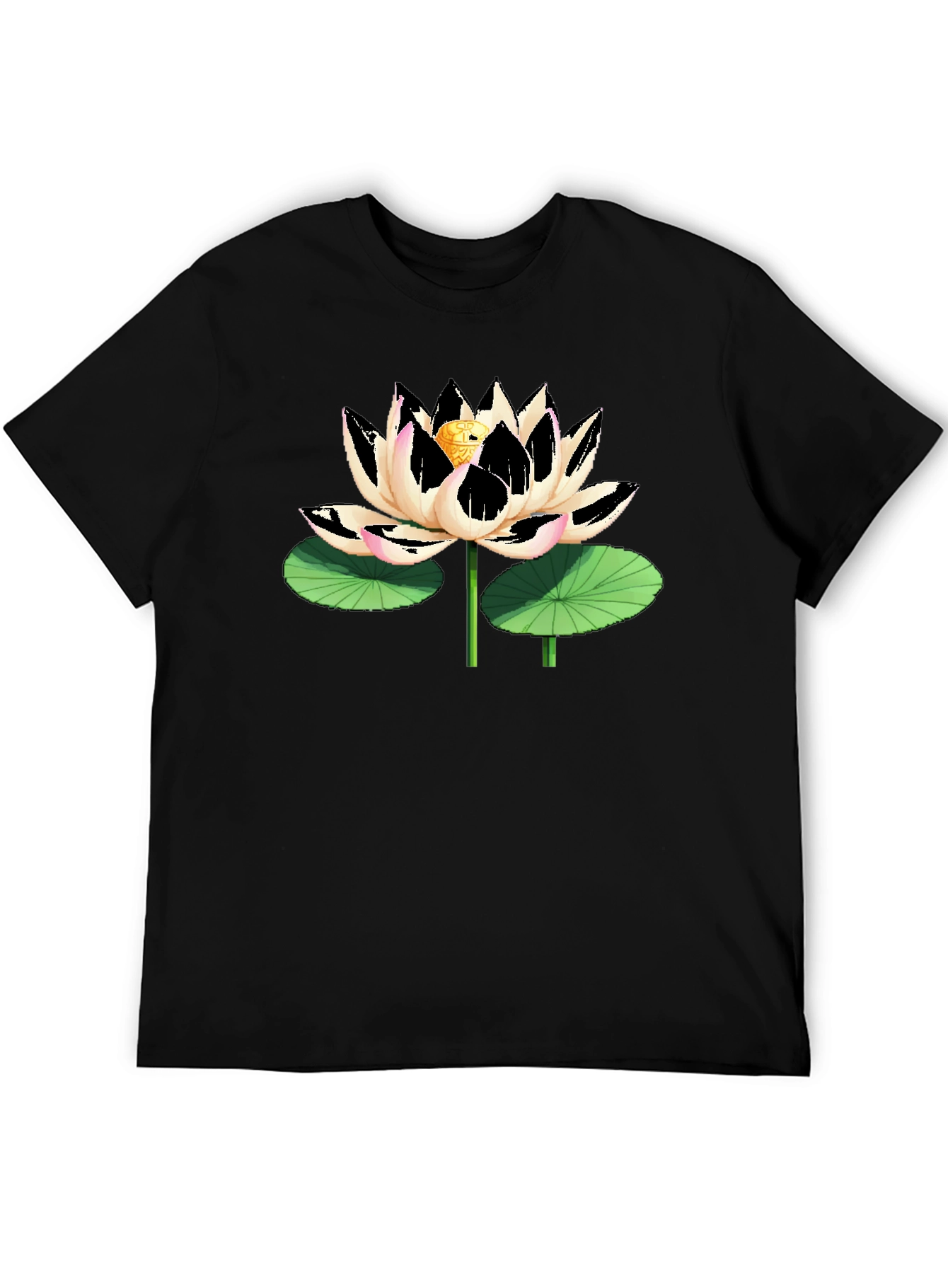 Black T-Shirt with Artistic Lotus Flower Graphic