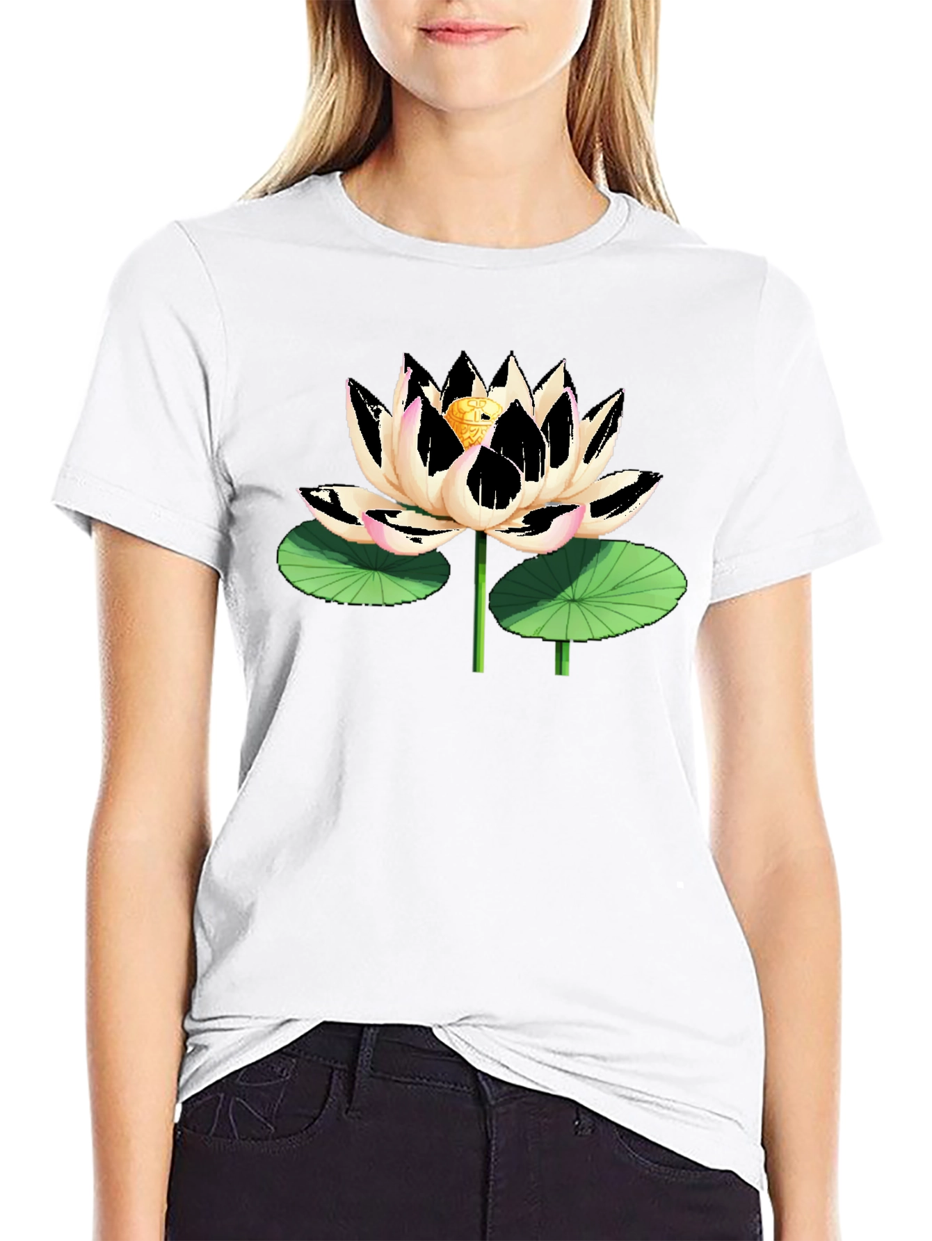 Black T-Shirt with Artistic Lotus Flower Graphic