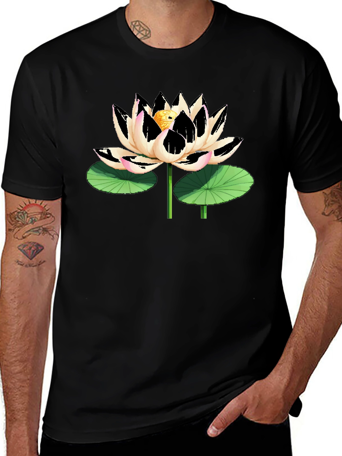Black T-Shirt with Artistic Lotus Flower Graphic