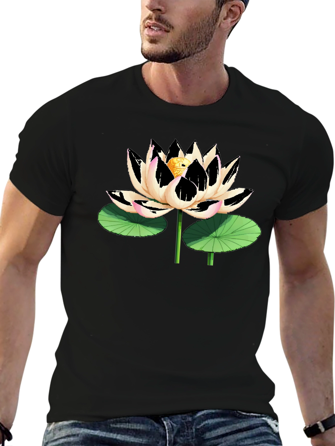 Black T-Shirt with Artistic Lotus Flower Graphic