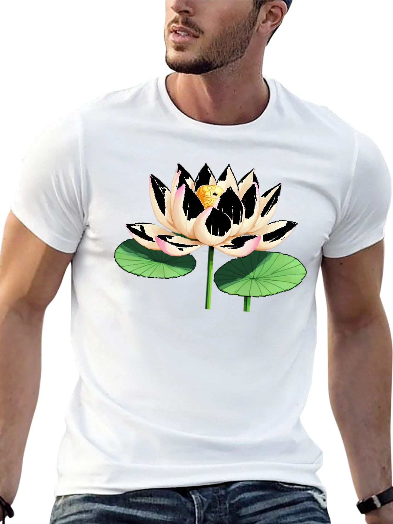 Black T-Shirt with Artistic Lotus Flower Graphic