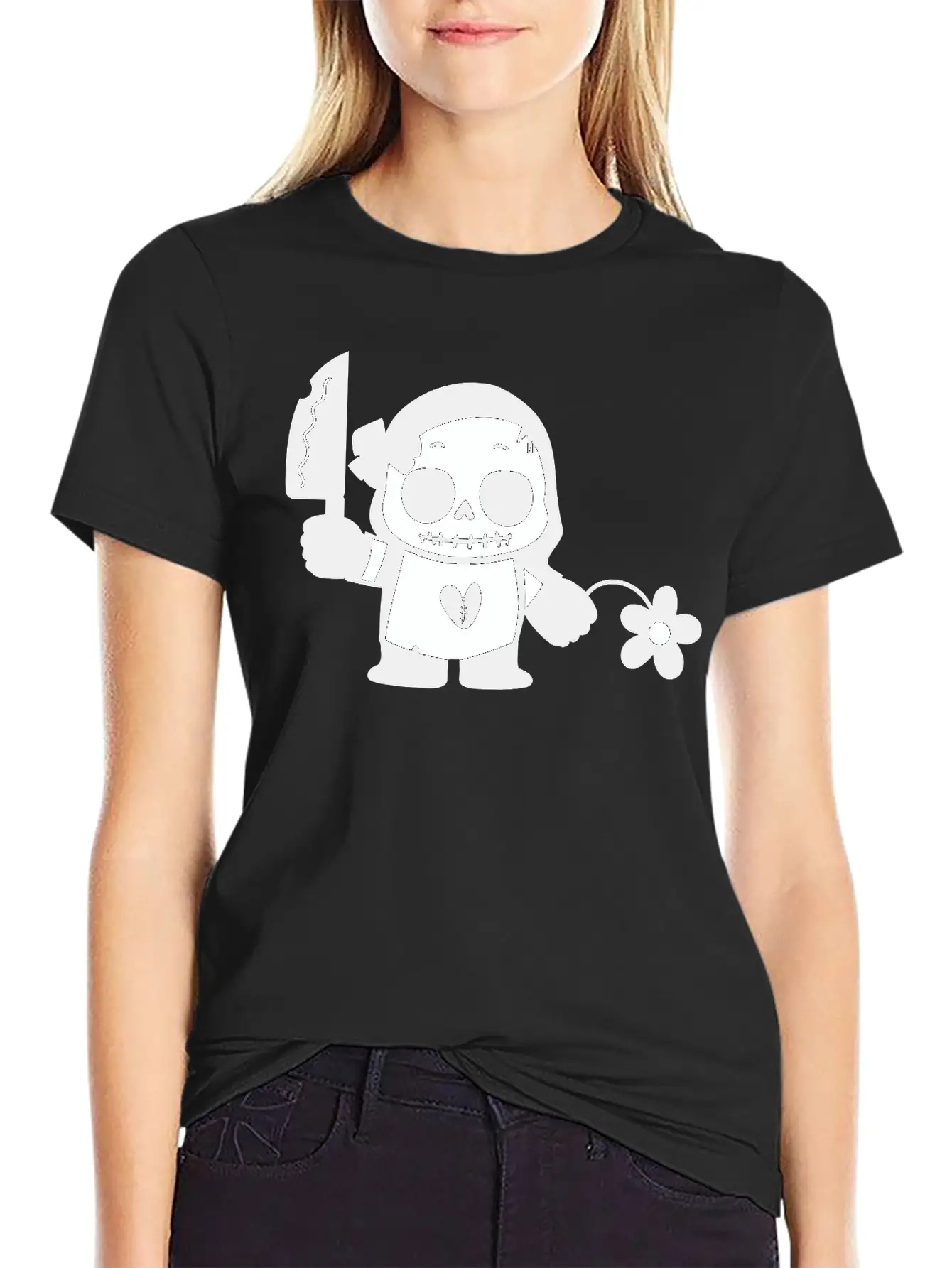 Halloween Girl With Flower And Knife Comfortable Minimalist Graphic Tee – Summer Style Essential