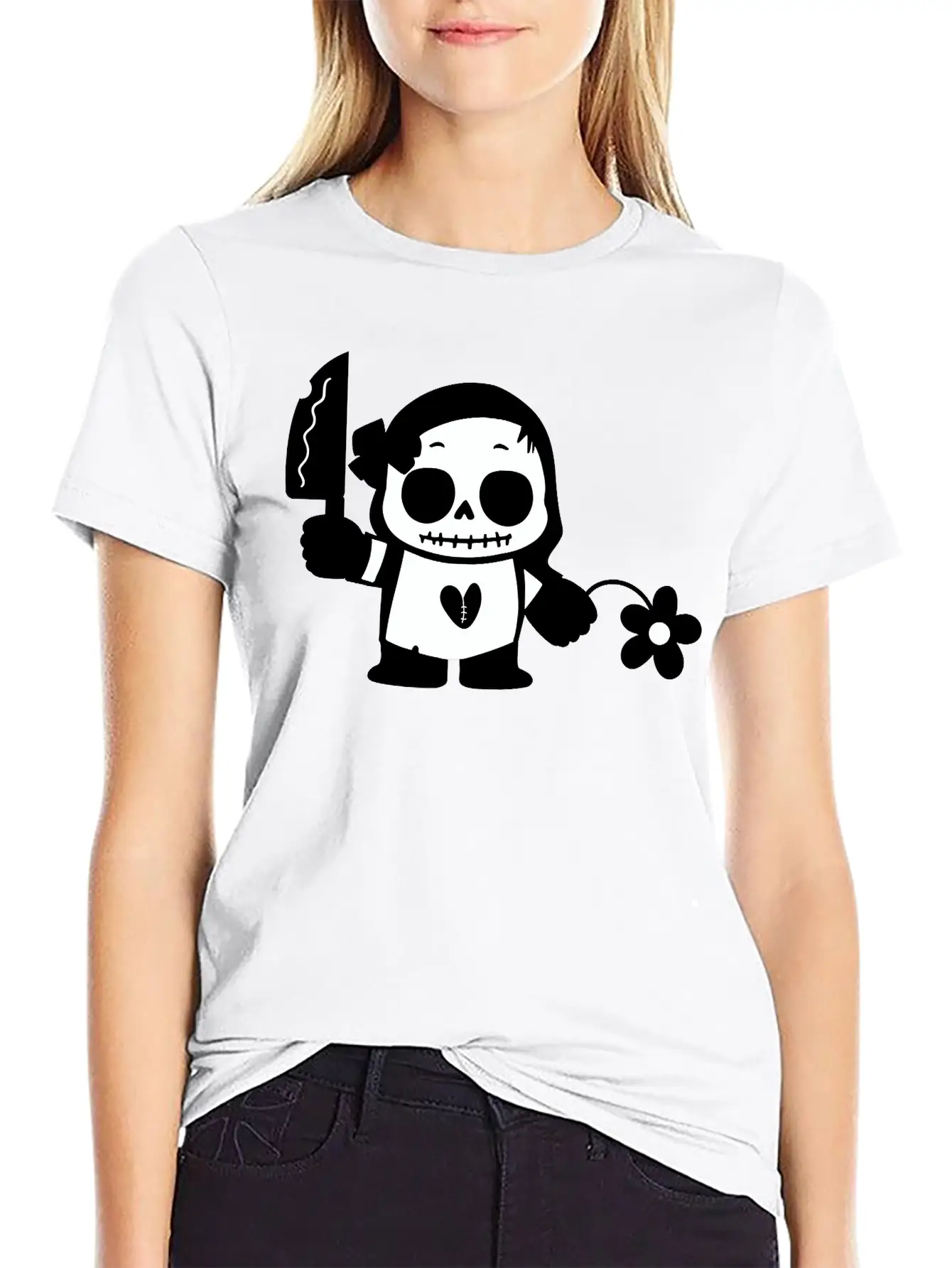 Halloween Girl With Flower And Knife Comfortable Minimalist Graphic Tee – Summer Style Essential