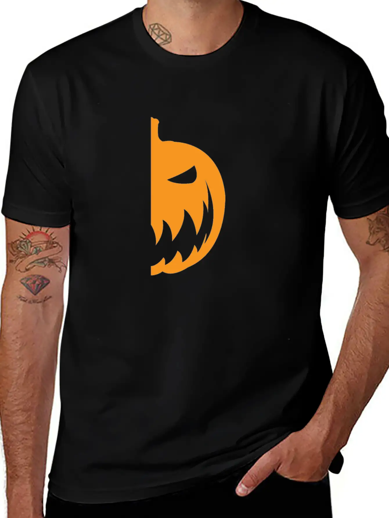 Halloween Pumpkin Half Smile Funny Matching Part 1 Basic Graphic T-Shirt – Daily Comfort In Soft Cotton