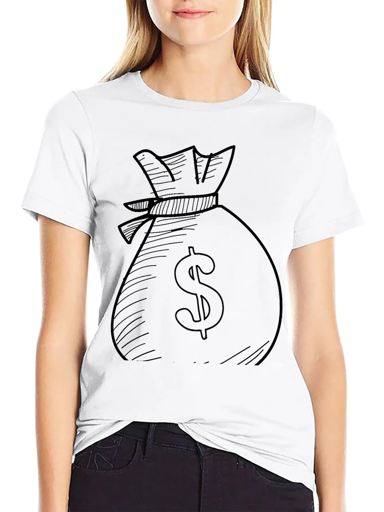 Hand Drawn Dollar Bag Vector Comfortable Minimalist Graphic Tee – Summer Style Essential
