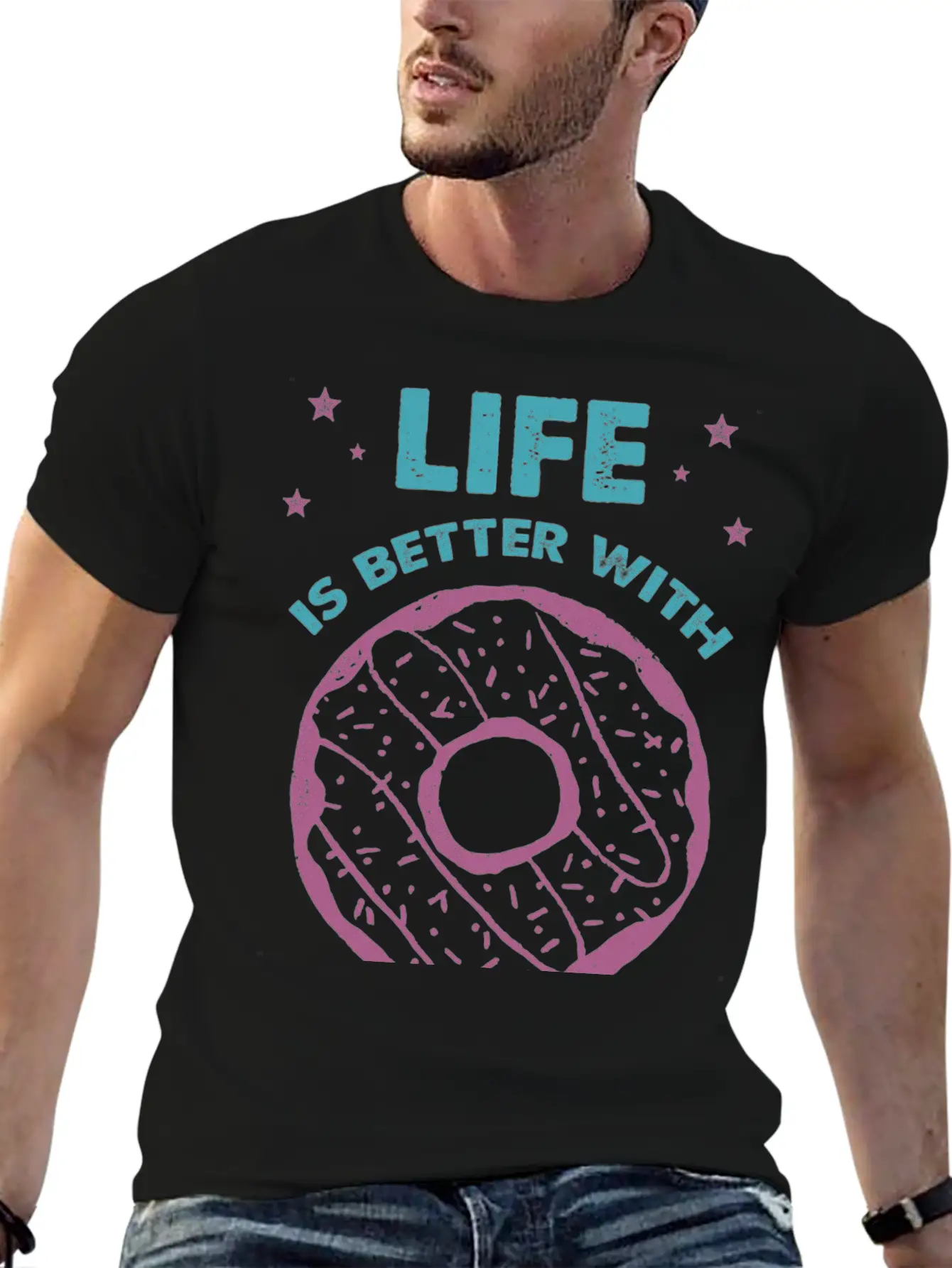 Hand Drawn Donut Life Is Better With Sweets Unisex Short Sleeve Soft Cotton T-Shirt – Casual Everyday Wear