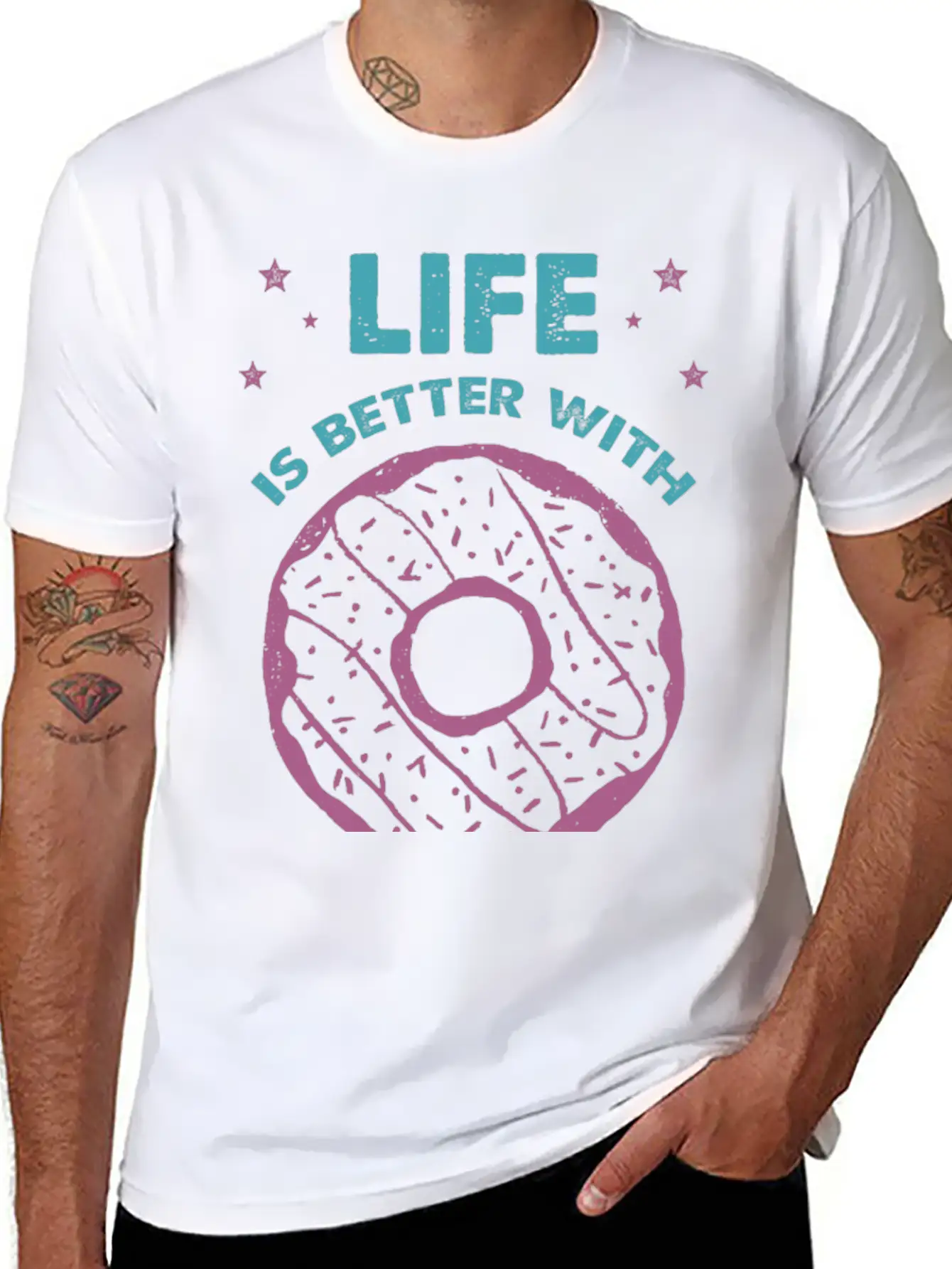 Hand Drawn Donut Life Is Better With Sweets Unisex Short Sleeve Soft Cotton T-Shirt – Casual Everyday Wear