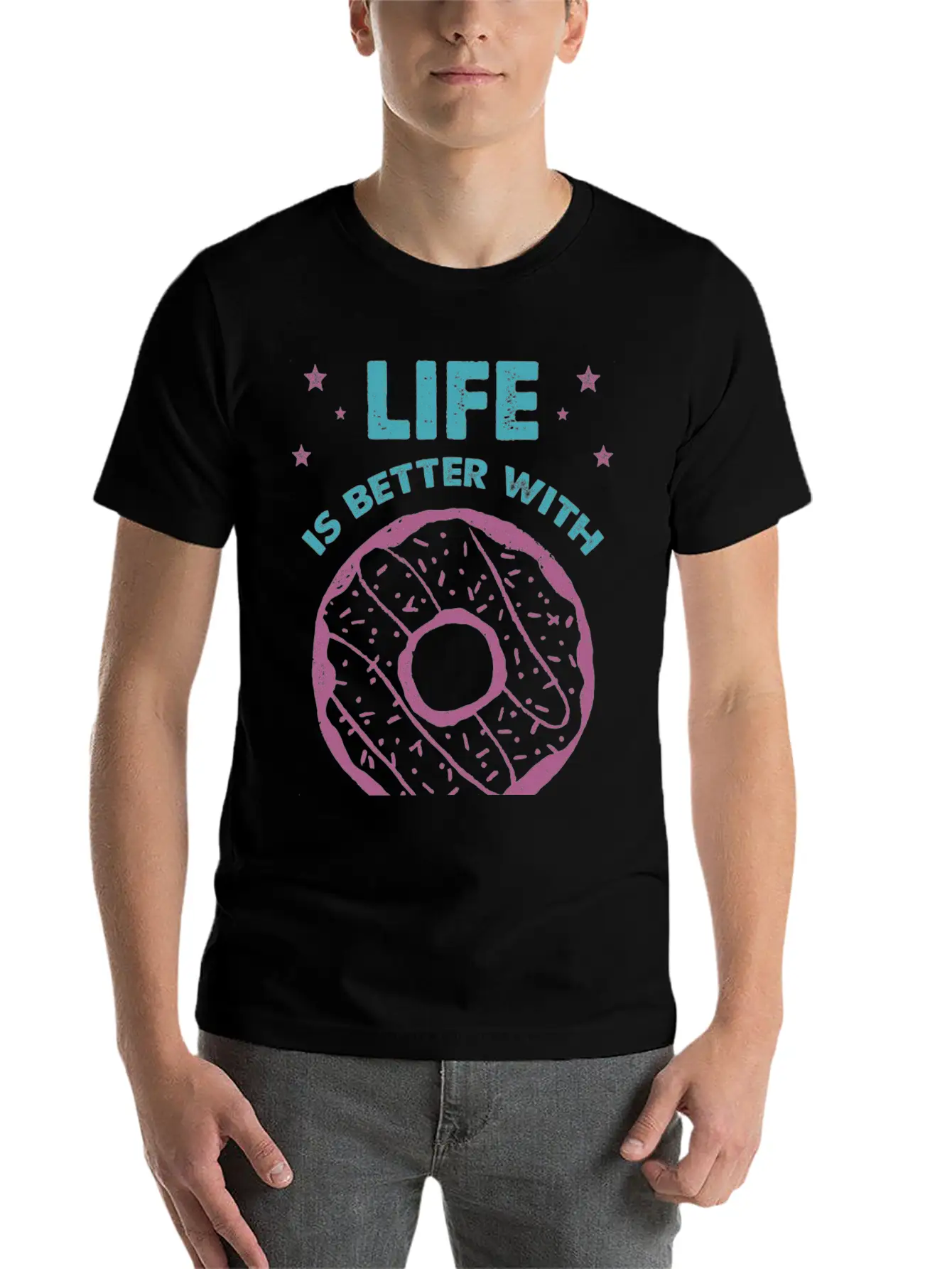 Hand Drawn Donut Life Is Better With Sweets Unisex Short Sleeve Soft Cotton T-Shirt – Casual Everyday Wear