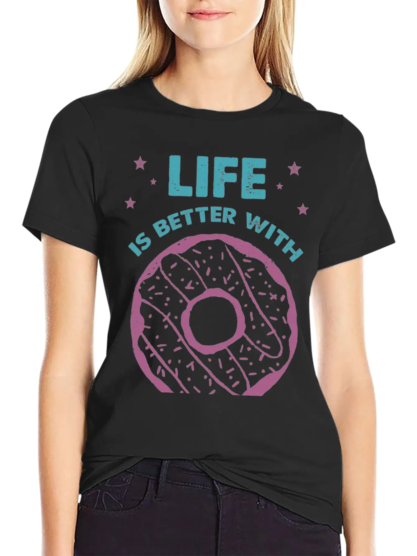 Hand Drawn Donut Life Is Better With Sweets Unisex Short Sleeve Soft Cotton T-Shirt – Casual Everyday Wear